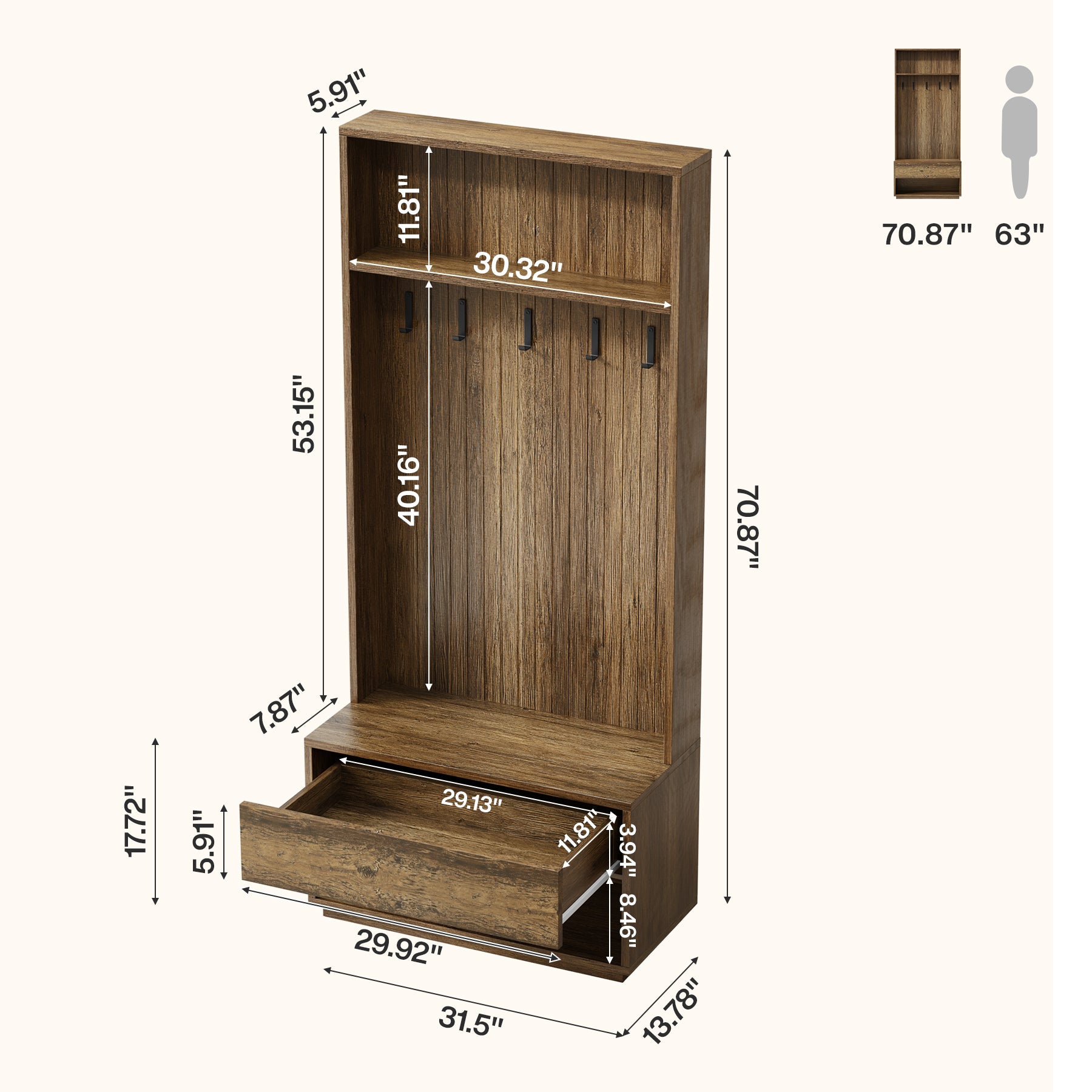 70.87-Inch Hall Tree with Bench and Shoe Storage, 5-in-1 Organizer with Drawer and 5 Hooks