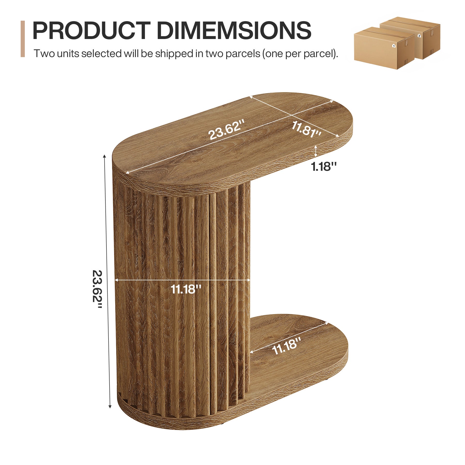 23.62" Fluted C-Shaped End Table with Oval Top, Narrow Side Table for Couch