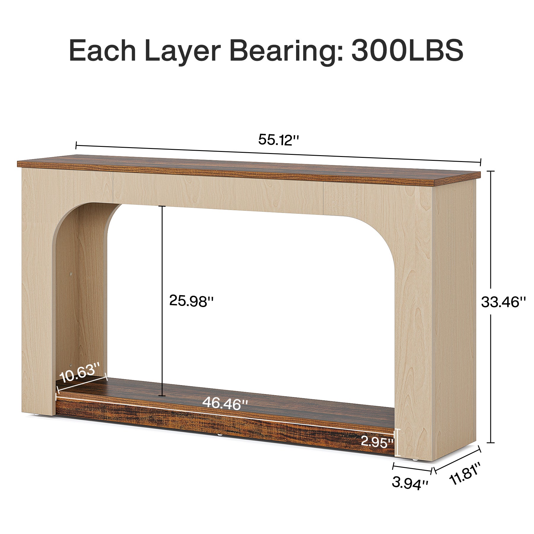 55" Console Table, Wood Farmhouse 2-Tier Sofa Table with LED Lights