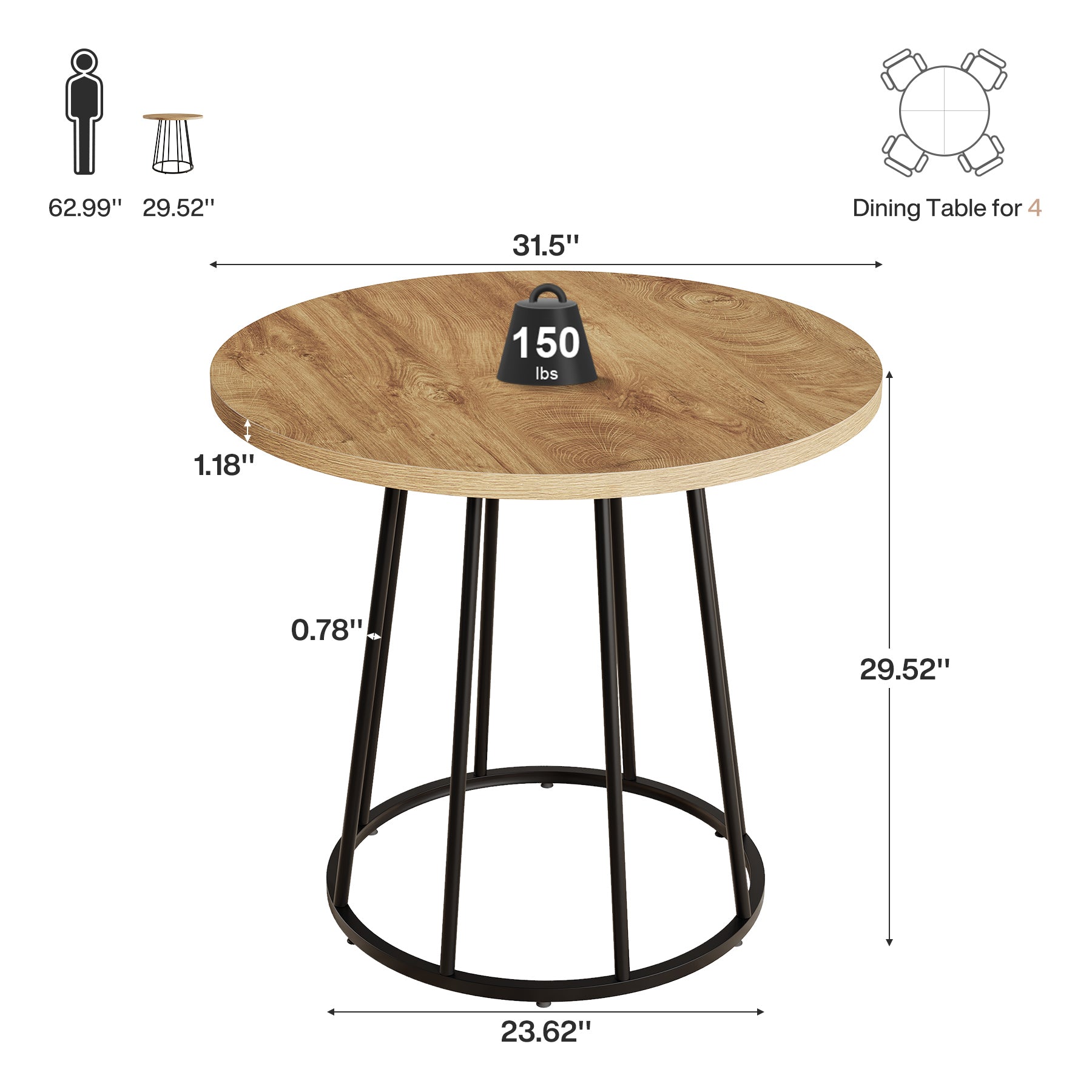 31.5" Round Dining Table For 2-4, Small Kitchen Dinner Table With Metal Base