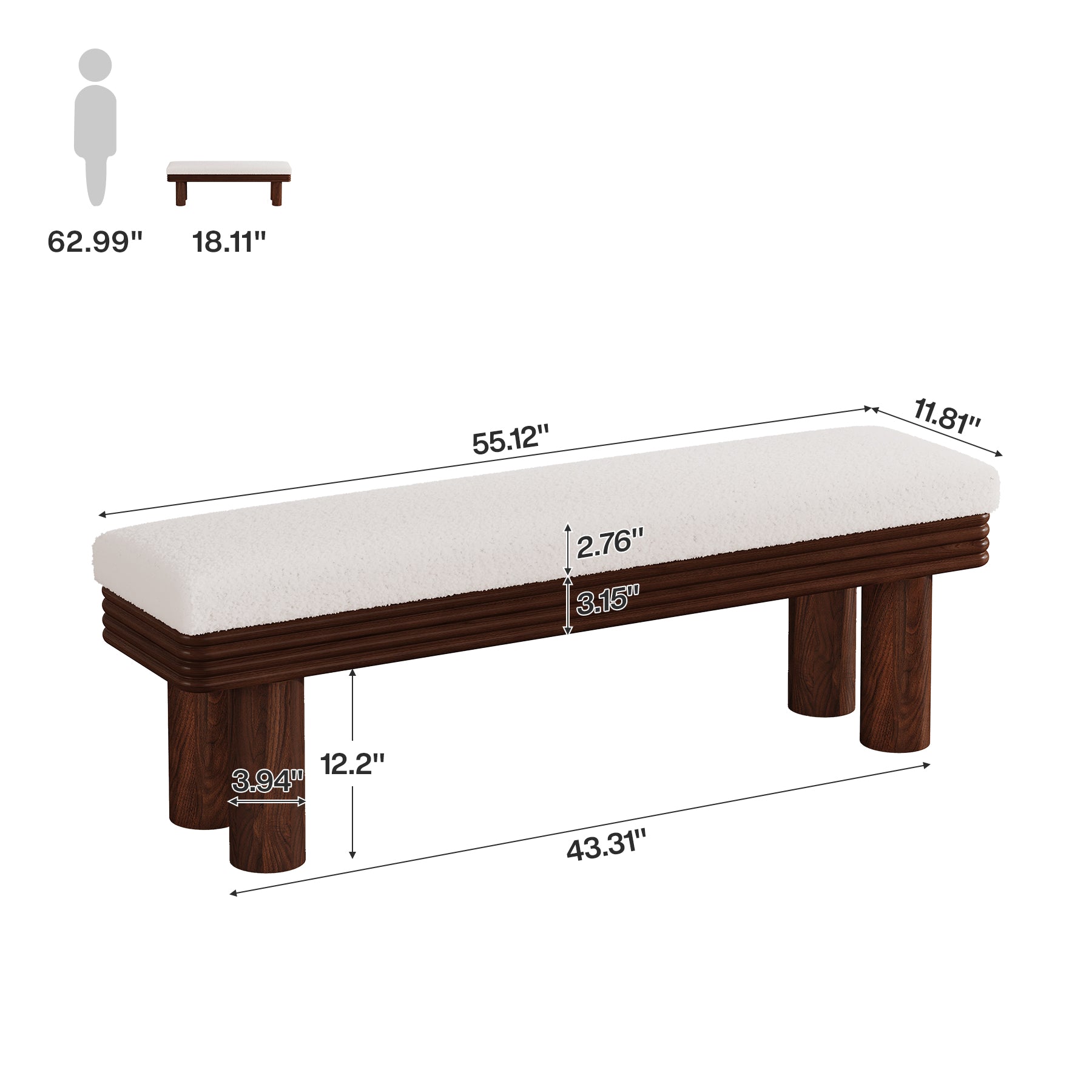 55" Upholstered Dining Bench with Faux Shearling Padded Seat
