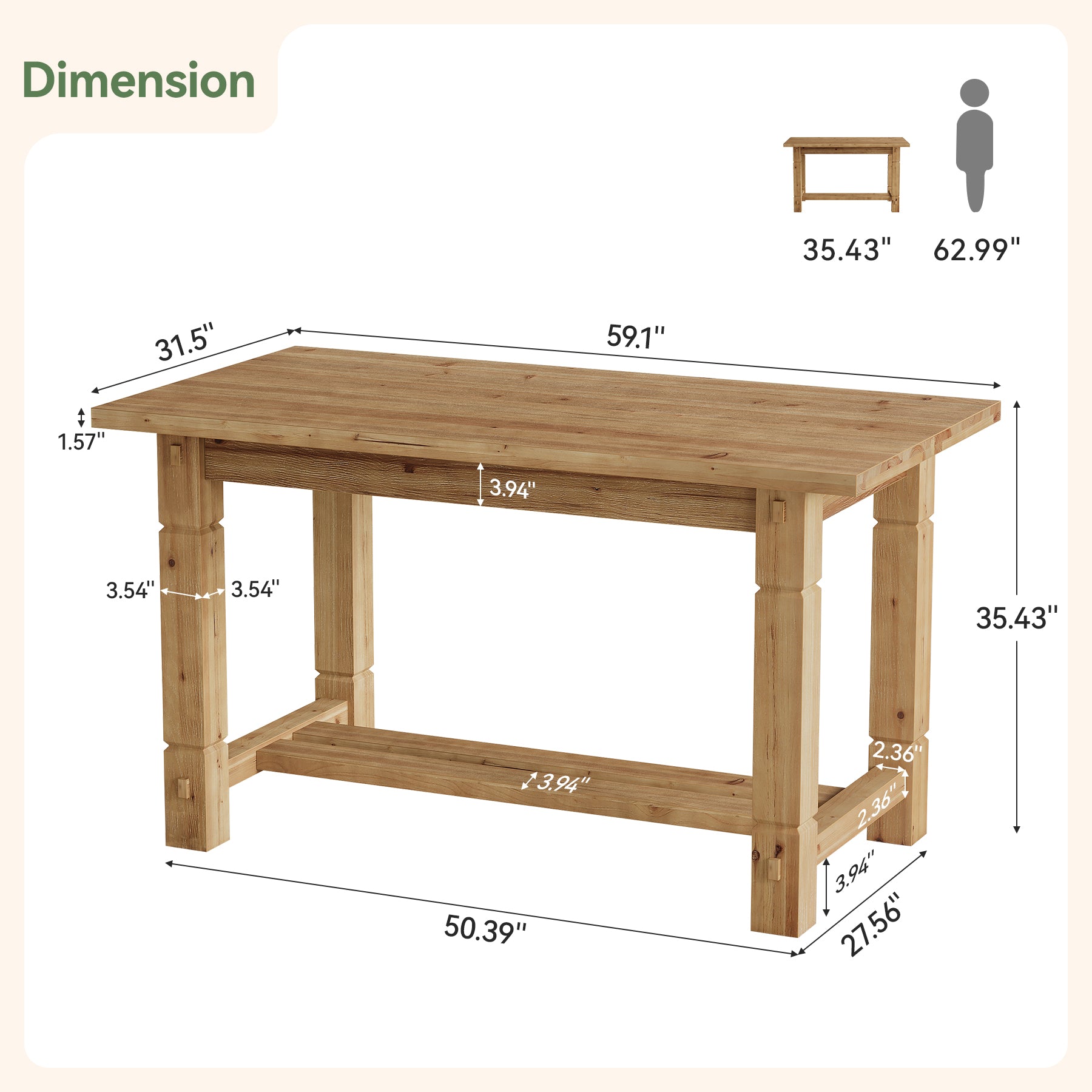 59" Solid Wood Home Kitchen Island, Rustic Stationary Island with Sturdy Frame