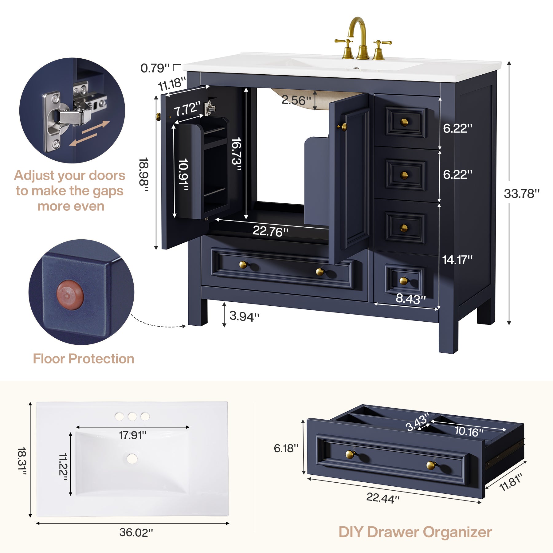 Modern Bathroom Vanity, Vanity Cabinet with Ceramic Basin and 1 Drawer