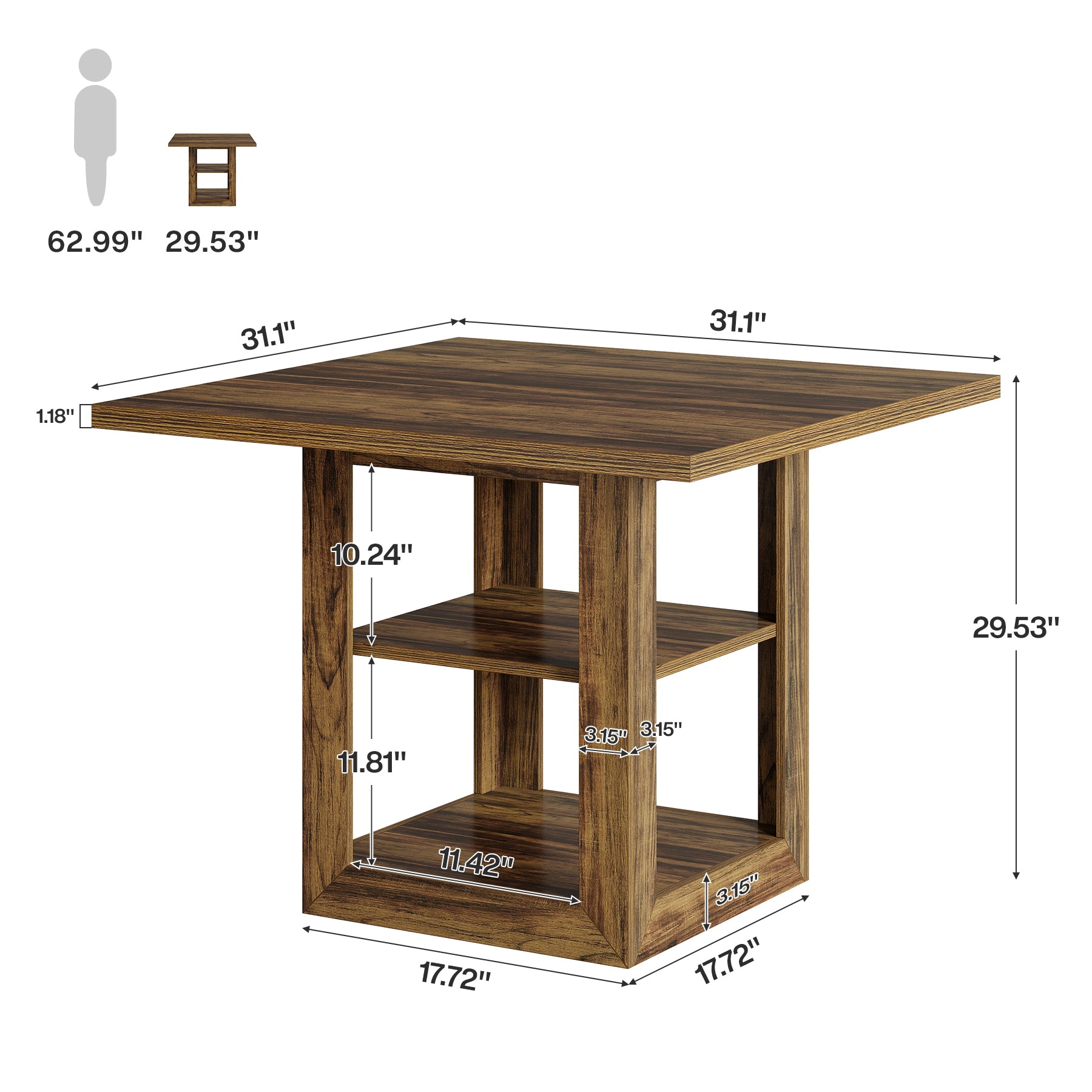 31.1" Square Dining Table for 4, Farmhouse Kitchen Table with 2-Tier Storage Shelf