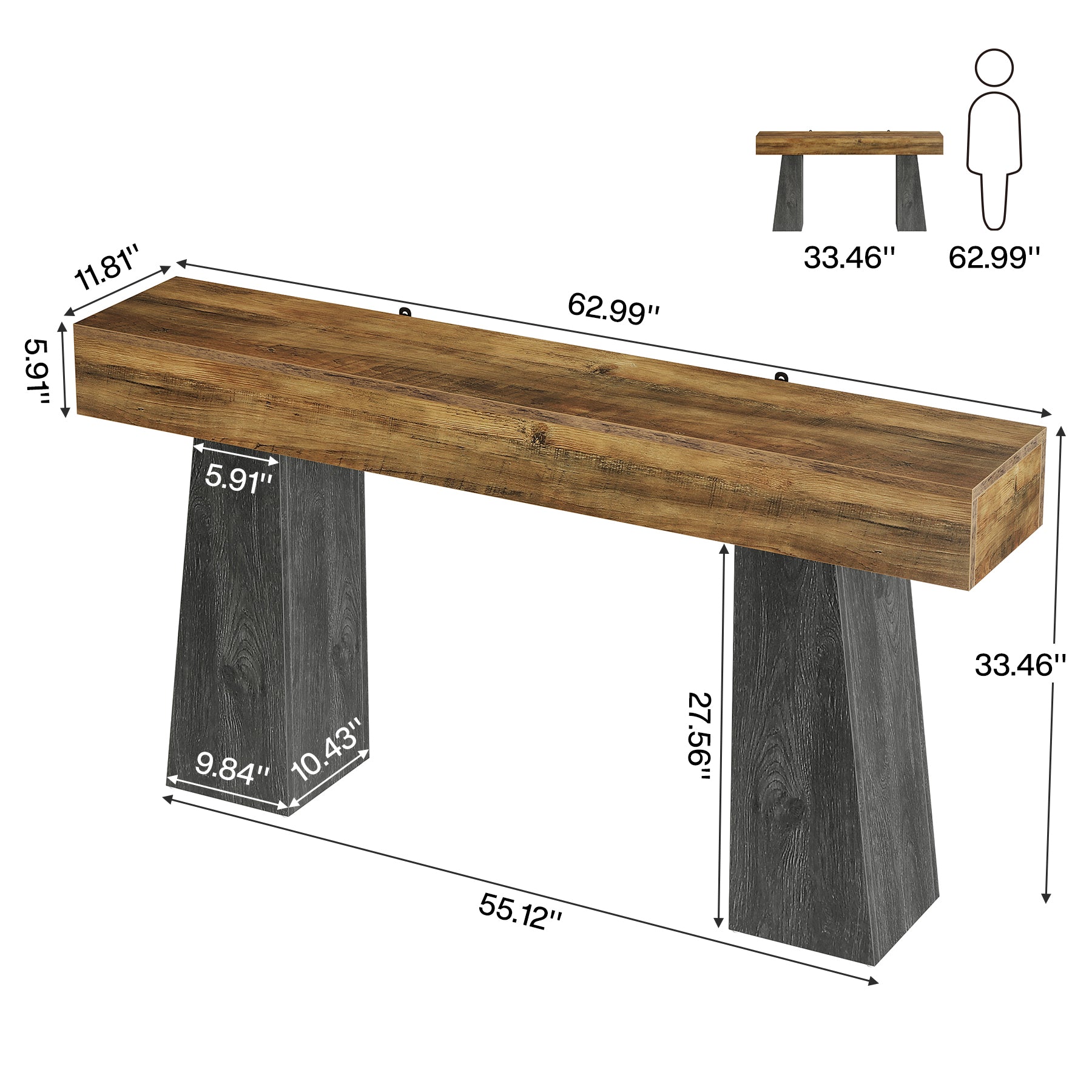 63" Console Table, Farmhouse Sofa Entryway Table with Double Trapezoid Bases