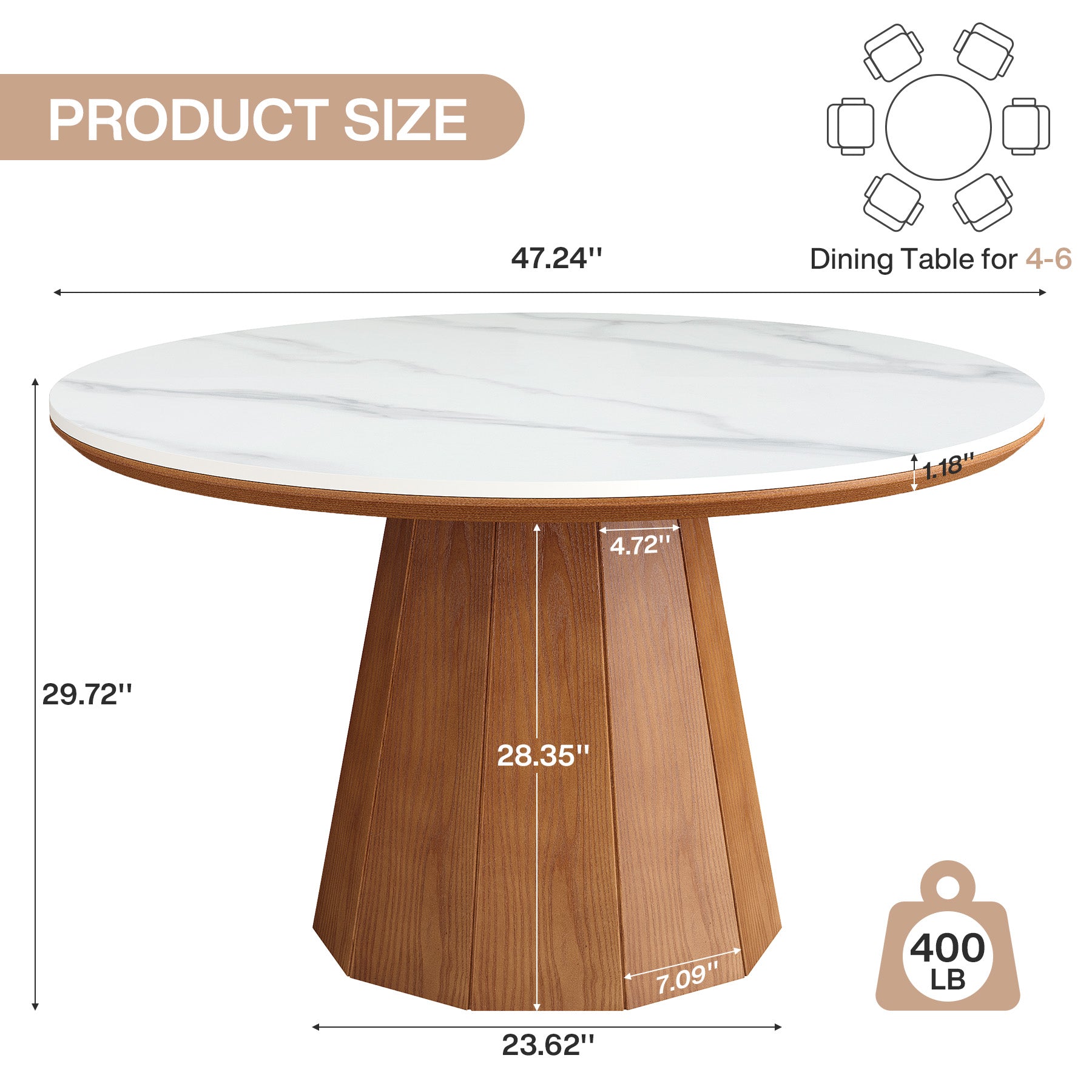 47” Round Sintered Stone Dining Table, Solid Wood Kitchen Dinner Table for 4-6
