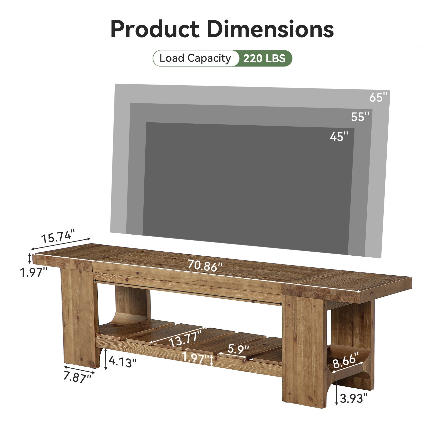 70.9" Solid Wood TV Stand, Media Console with with Lower Storage Shelf for Living Room