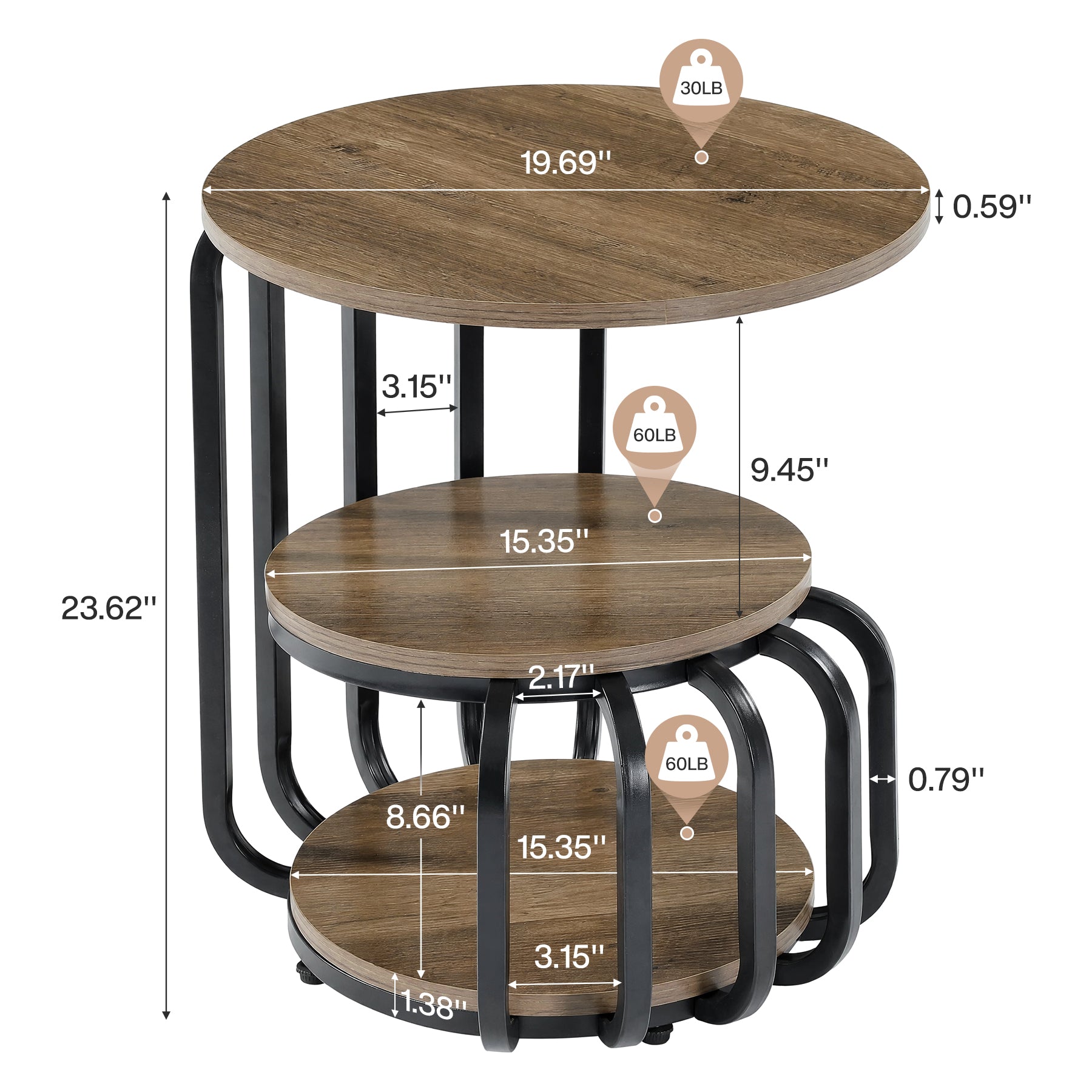 19.69" Round End Table, Industrial Side Table with 3-Tier Storage Shelves & Metal Frame