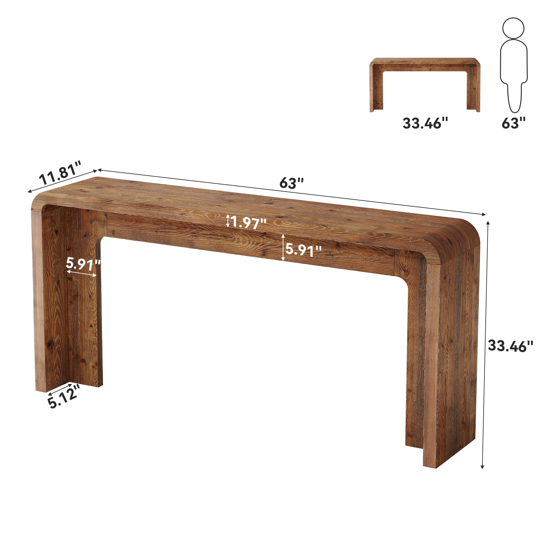 63" Solid Wood Console Table, Narrow Farmhouse Entryway & Sofa Table for Behind Couch or Hallway