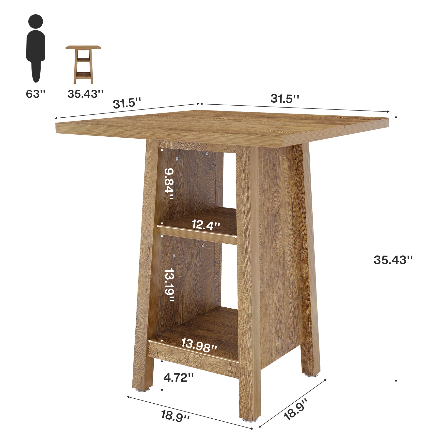 Square Bar Table with Storage, 35.4" H Pub Bar Table with 2 Open Shelves