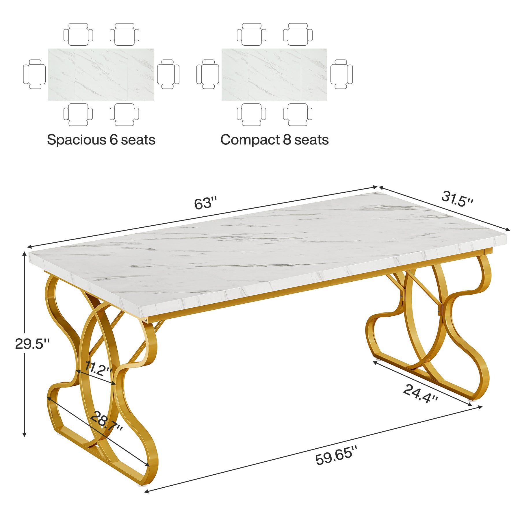 63" Dining Table, Modern Kitchen Dinner Table for 4-6 People