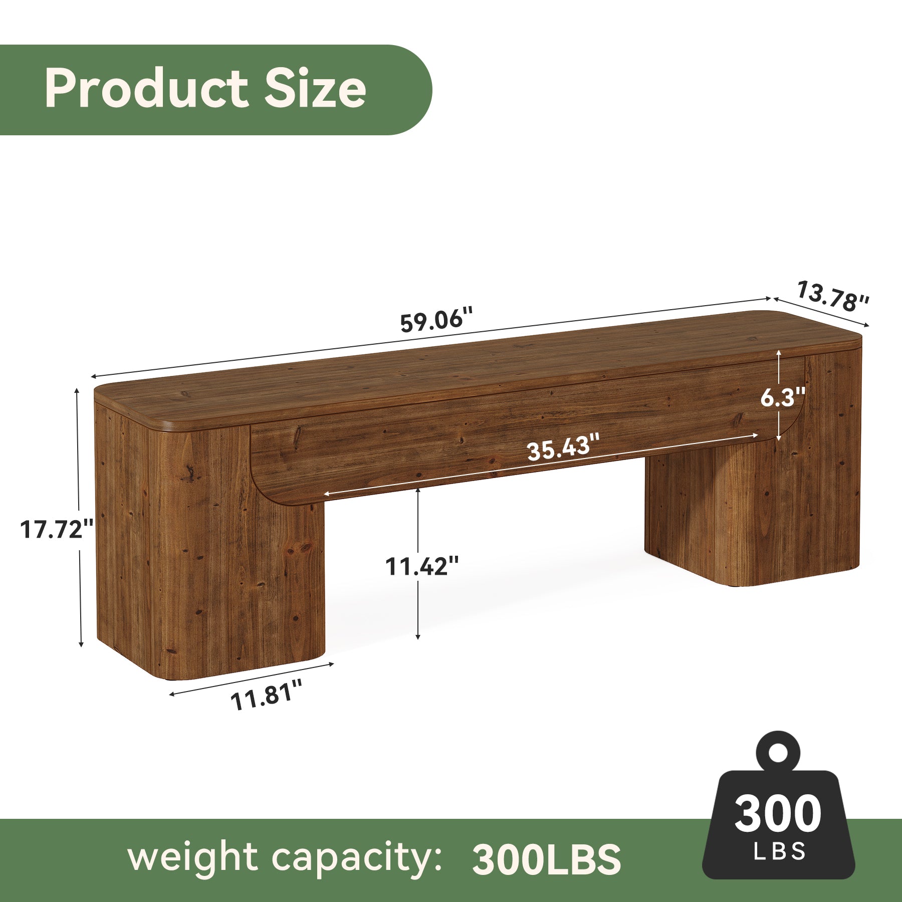 59" Solid Wood Bench, Rustic Heavy Duty Entryway Bench with Sturdy Legs