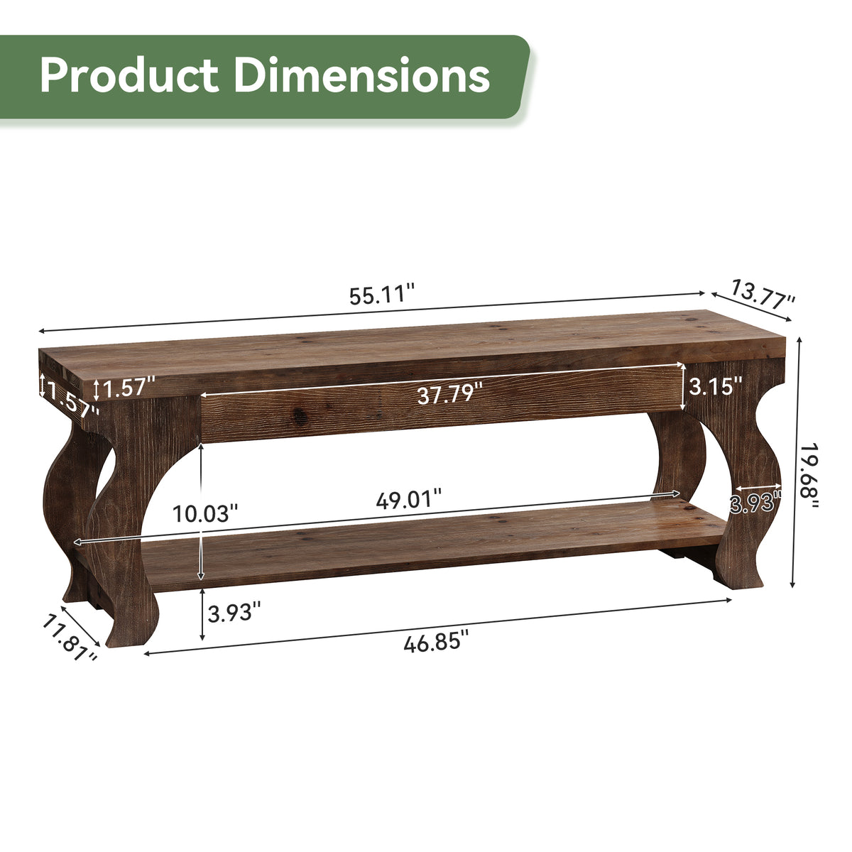 55" Solid Wood Entryway Bench with Storage Shelf, 2-Tier Farmhouse End of Bed Seat