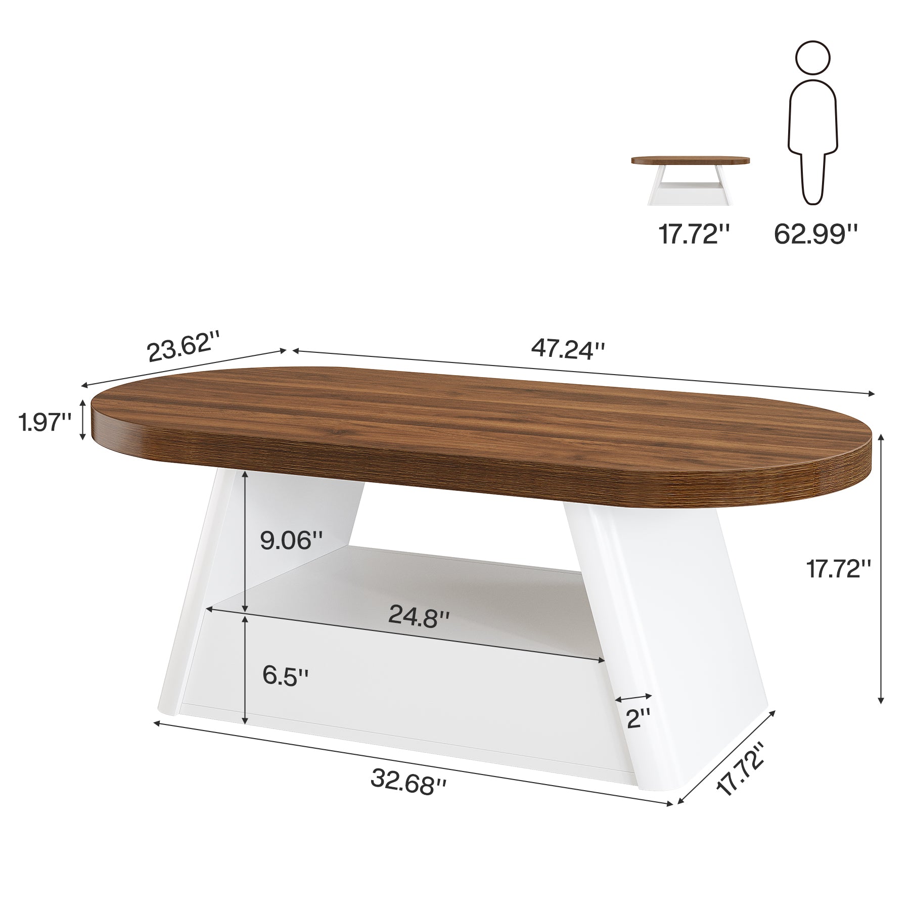 47" Oval Coffee Table, Modern Center Tea Table with 2-Tier Storage
