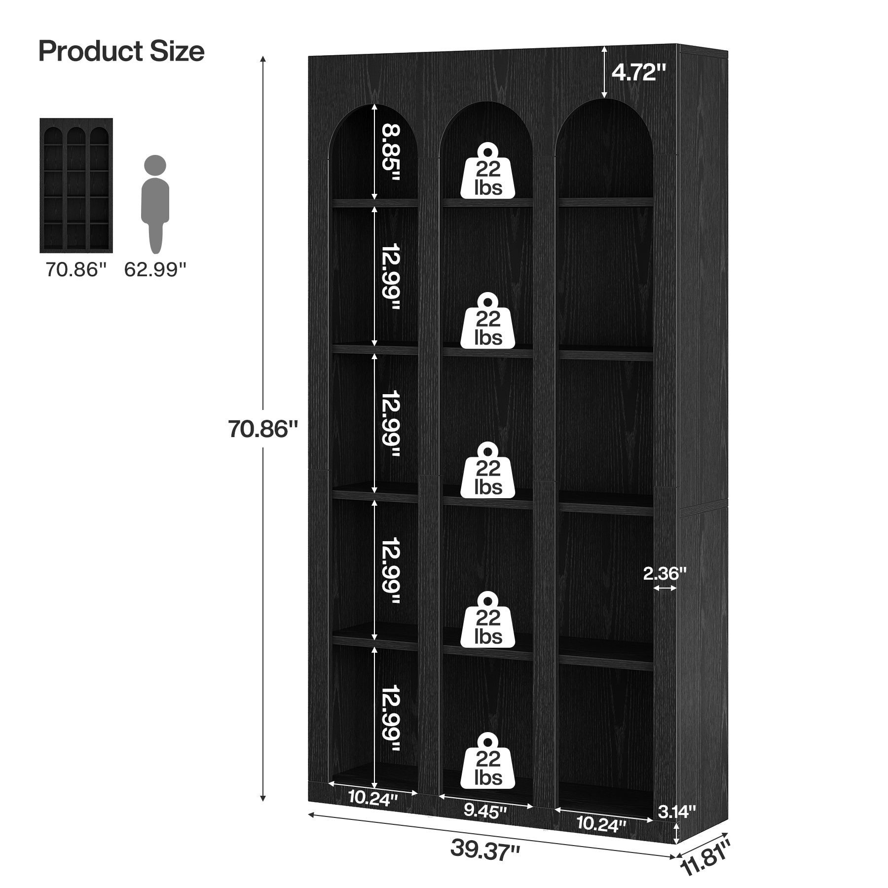 70.8" Arched 5-Tier Bookshelf with Open Shelves, Vintage Farmhouse Style Tall Display Bookcase