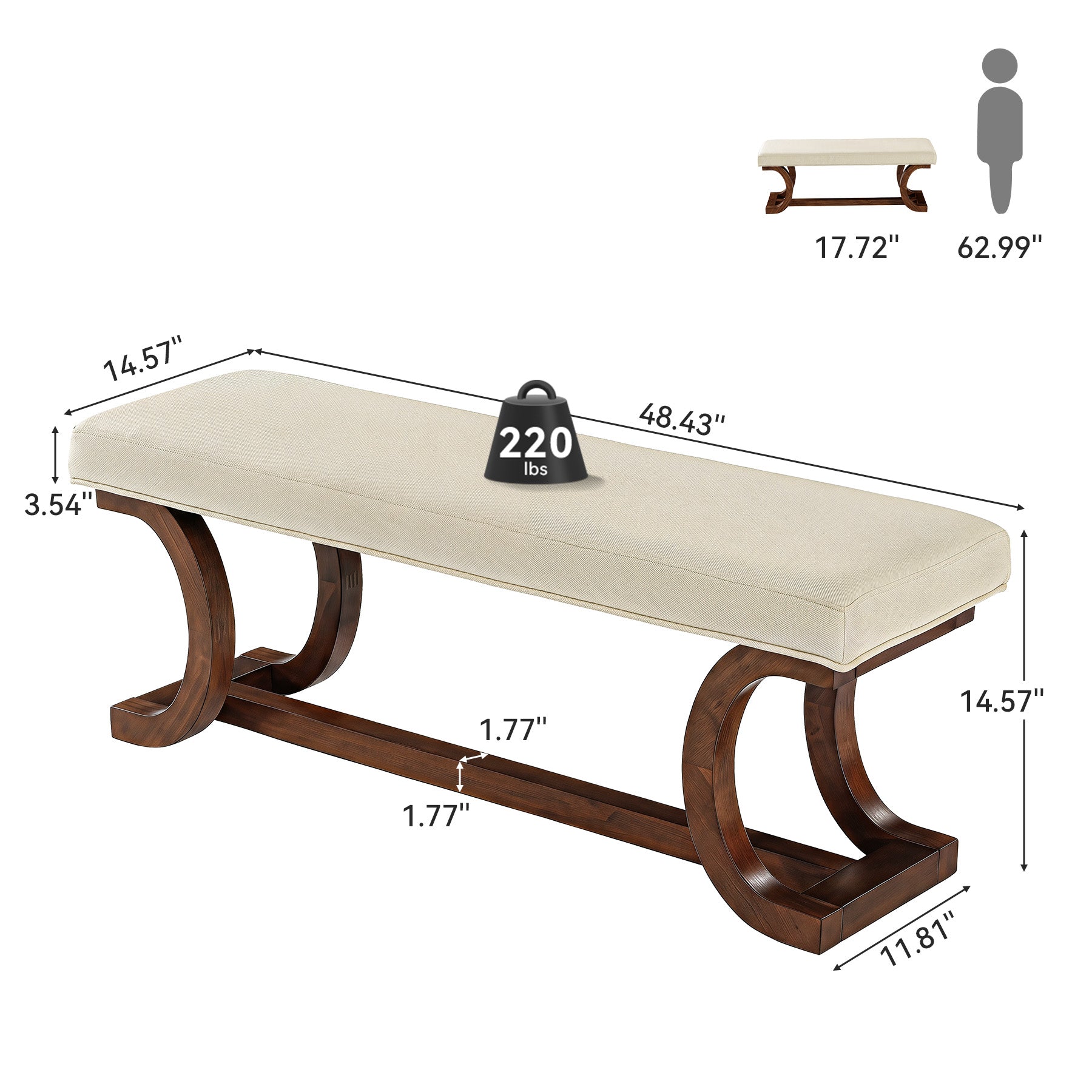 48" Upholstered Bench, Solid Wood Entryway Bench End of Bed Bench with Soft Cushion