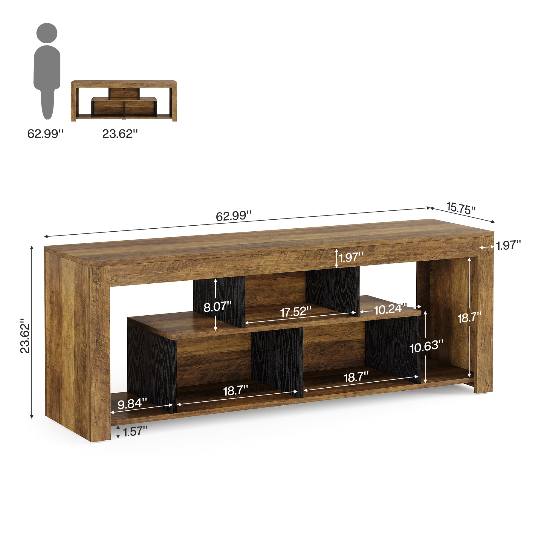 63-Inch TV Stand for 65–75 Inch TV, Rustic Wooden Media Console with Storage Shelves