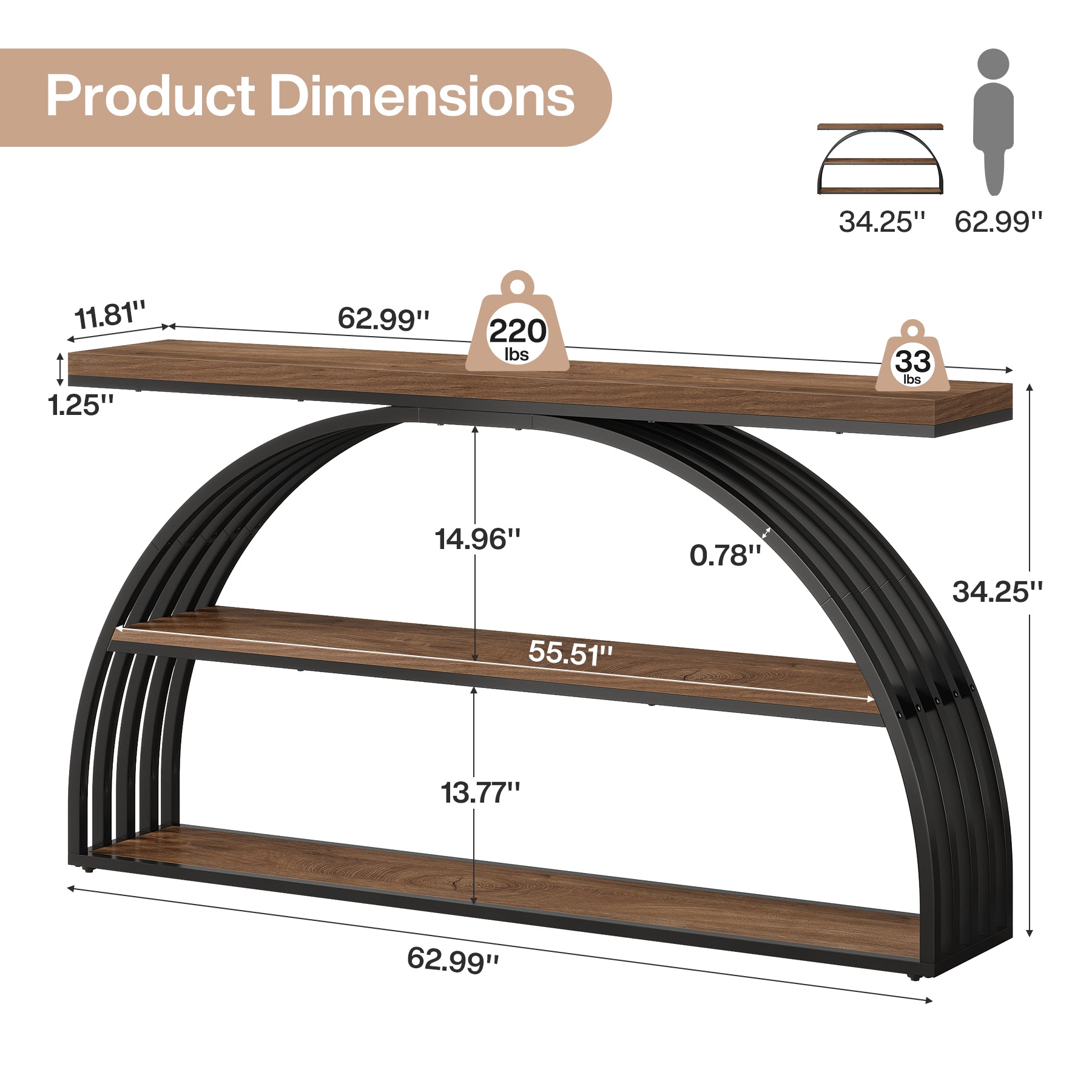 63" Console Table, 3-Tier Sofa Entryway Table with Arched Frame