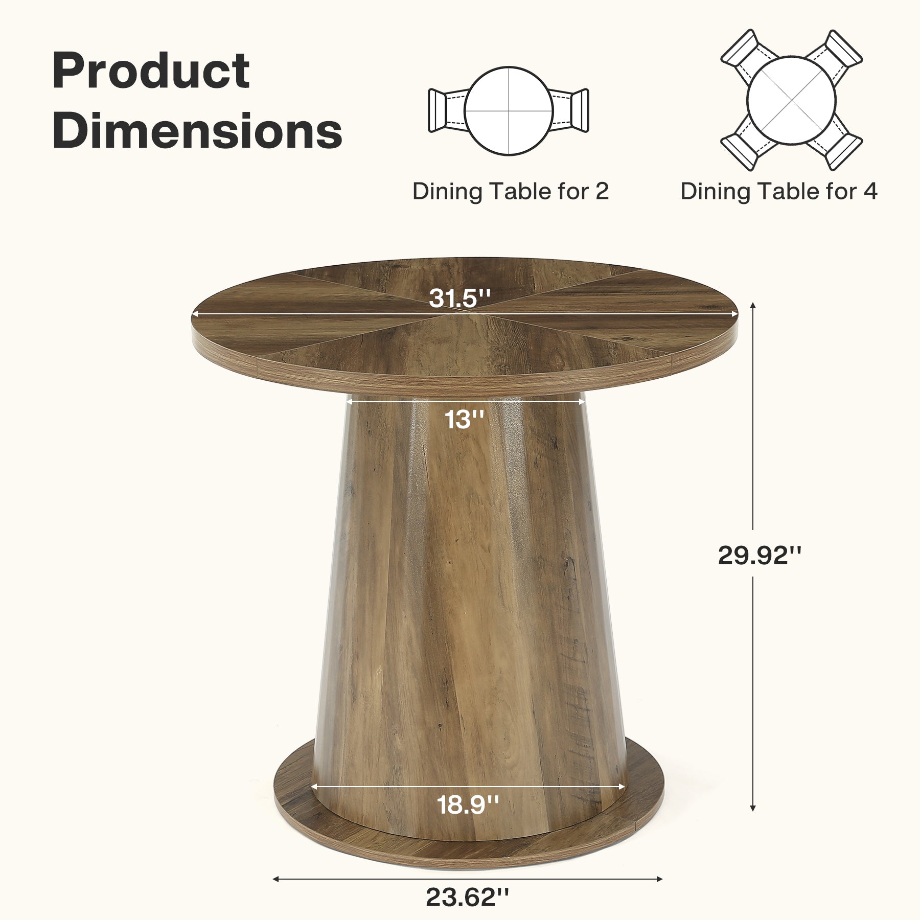 31.5" Small Round Dining Table, Kitchen Table with Sturdy Base for 2-4 People