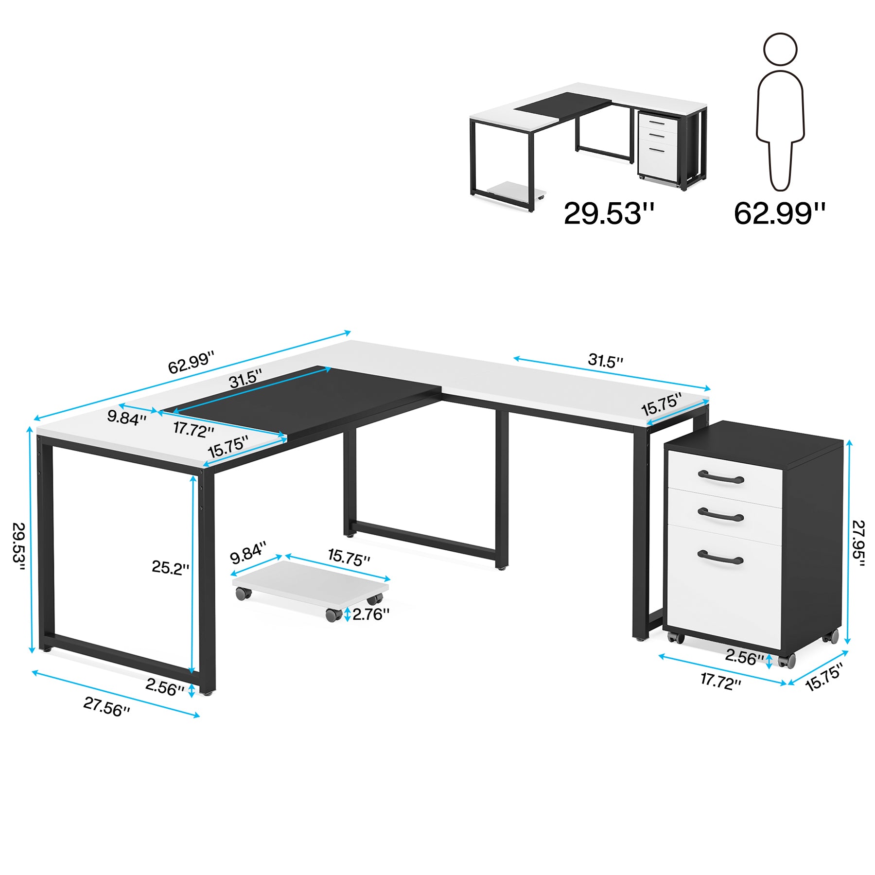 L-Shaped Computer Desk, 63" Executive Desk with Mobile File Cabinet