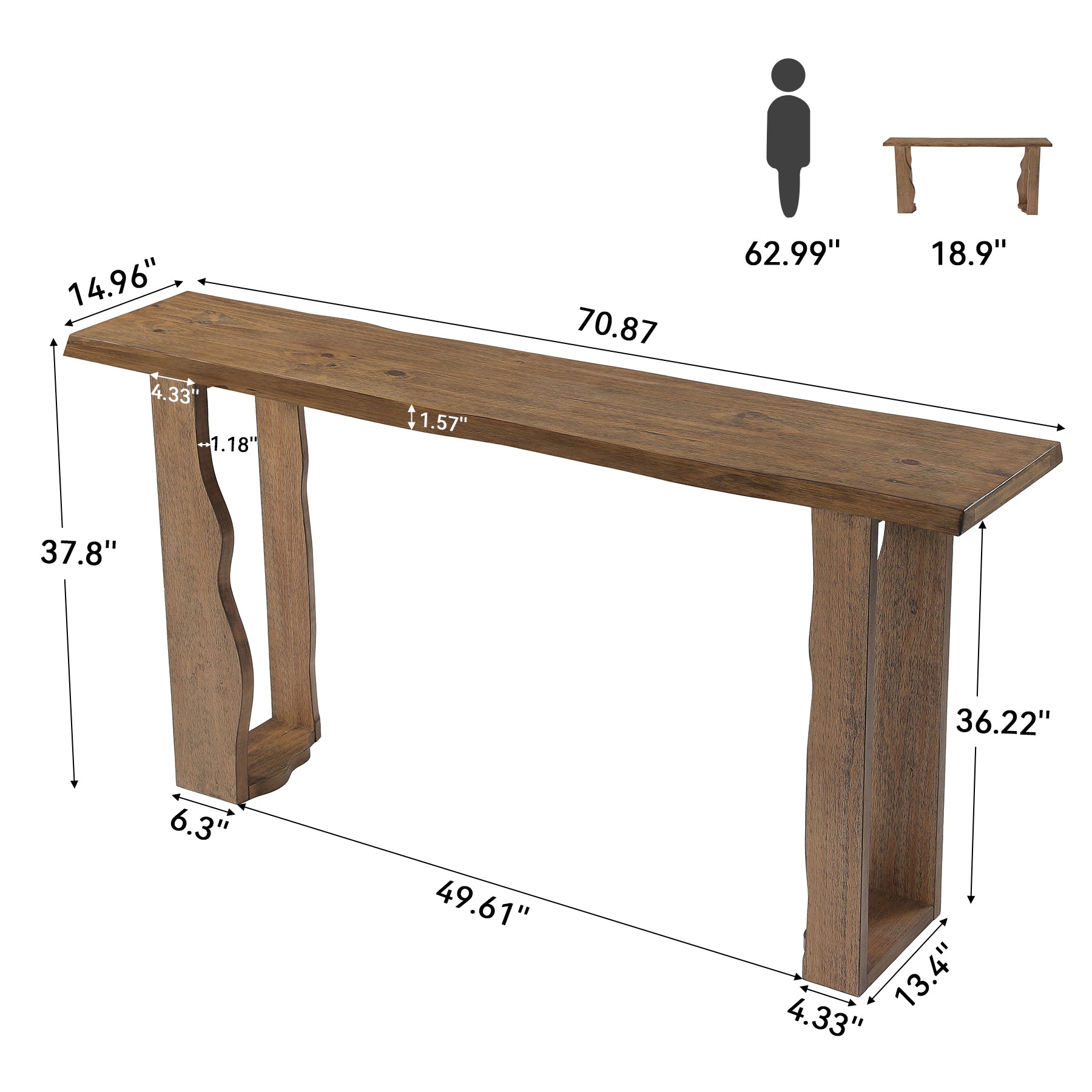 70.9" Solid Wood Console Table, Live Edge Entryway Sofa Table with Wavy Legs