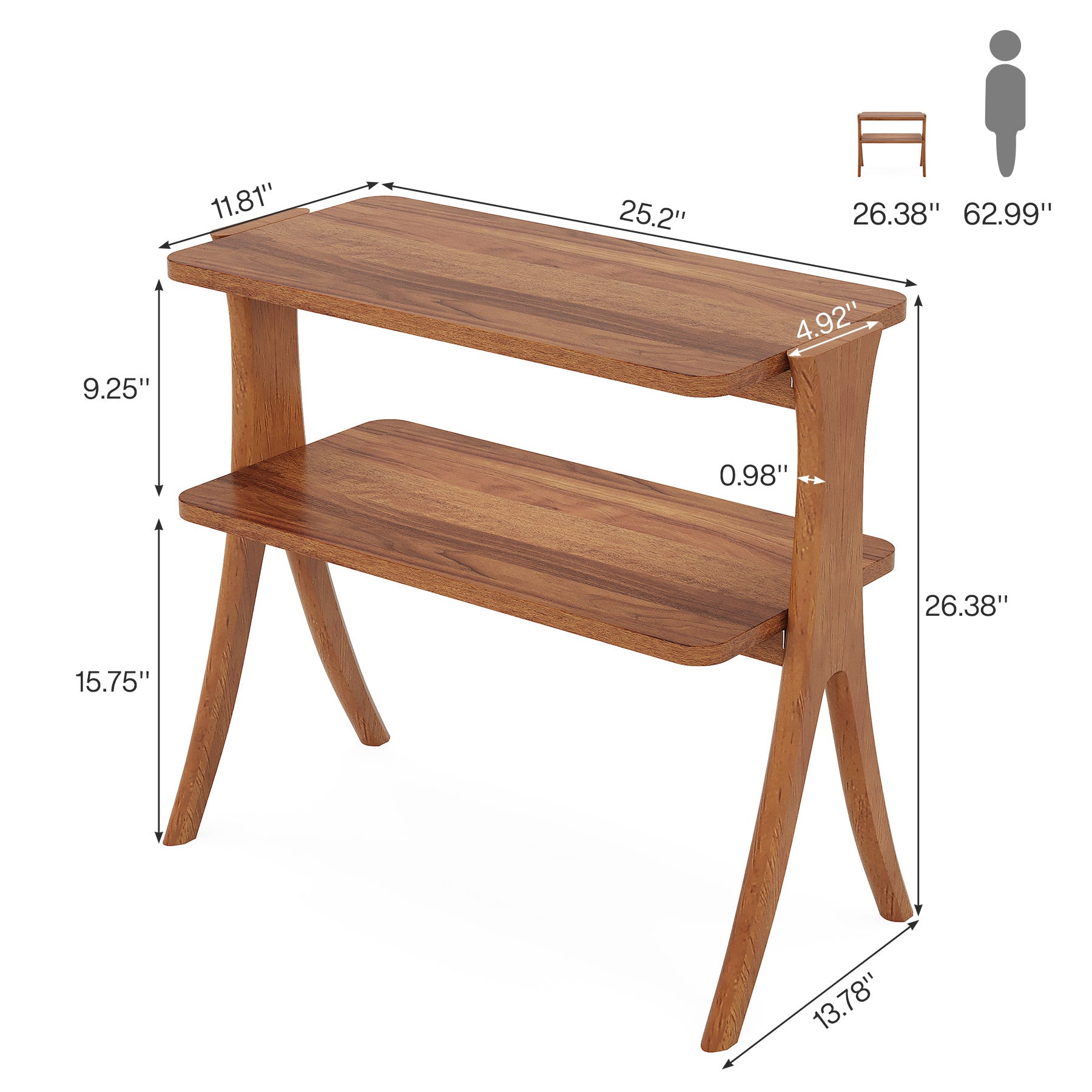 Wood End Table, Farmhouse Side Table with 2-Tier Storage Shelf