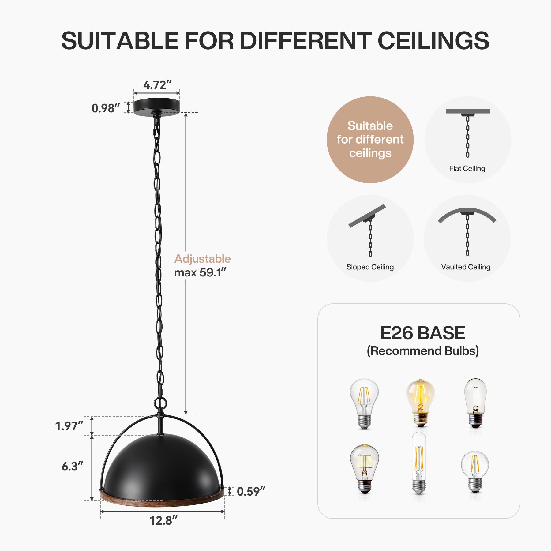 13" Pendant Lights, 1-Light Industrial Ceiling Lights With Adjustable Height