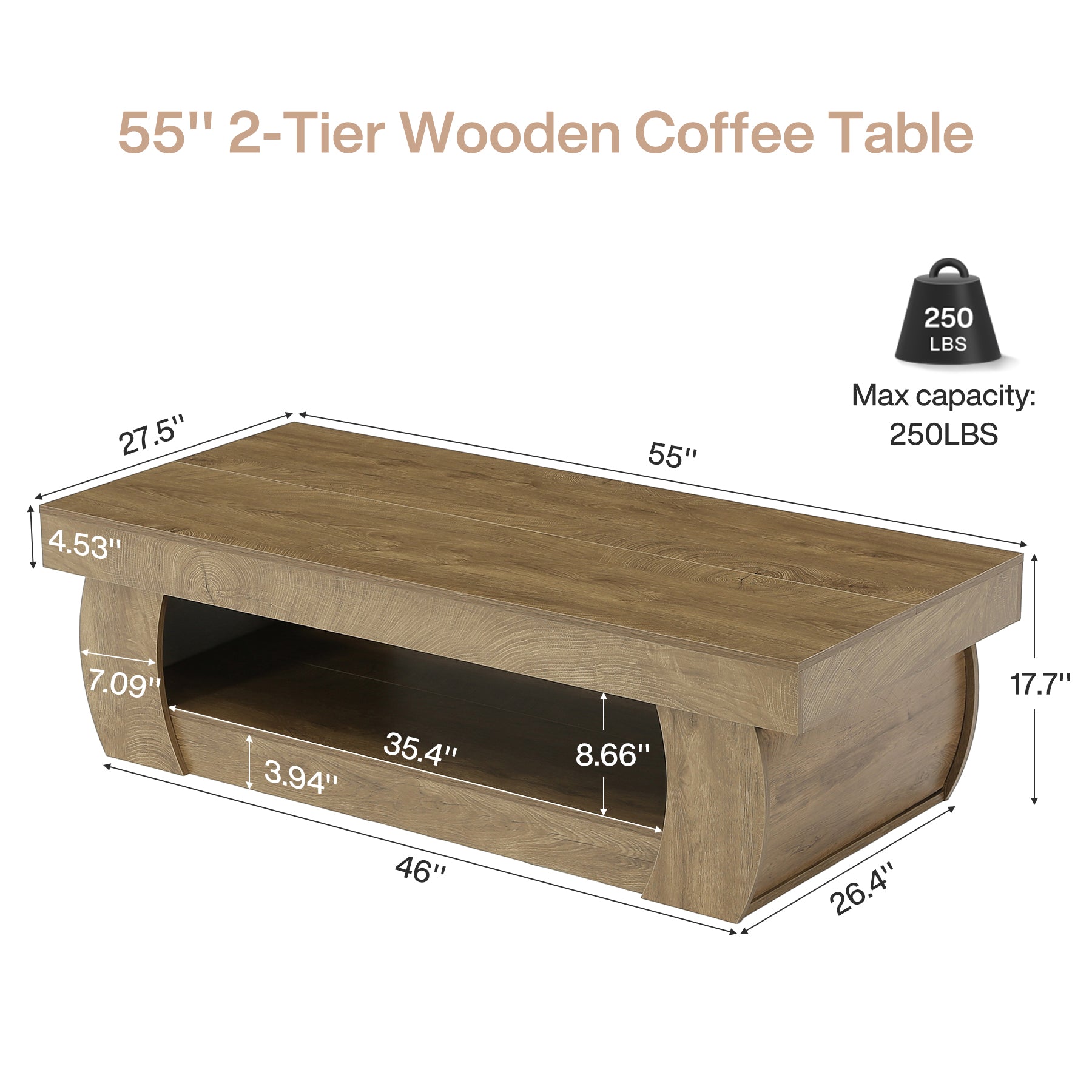 55" Farmhouse Coffee Table with Storage and Curved Pedestal Base