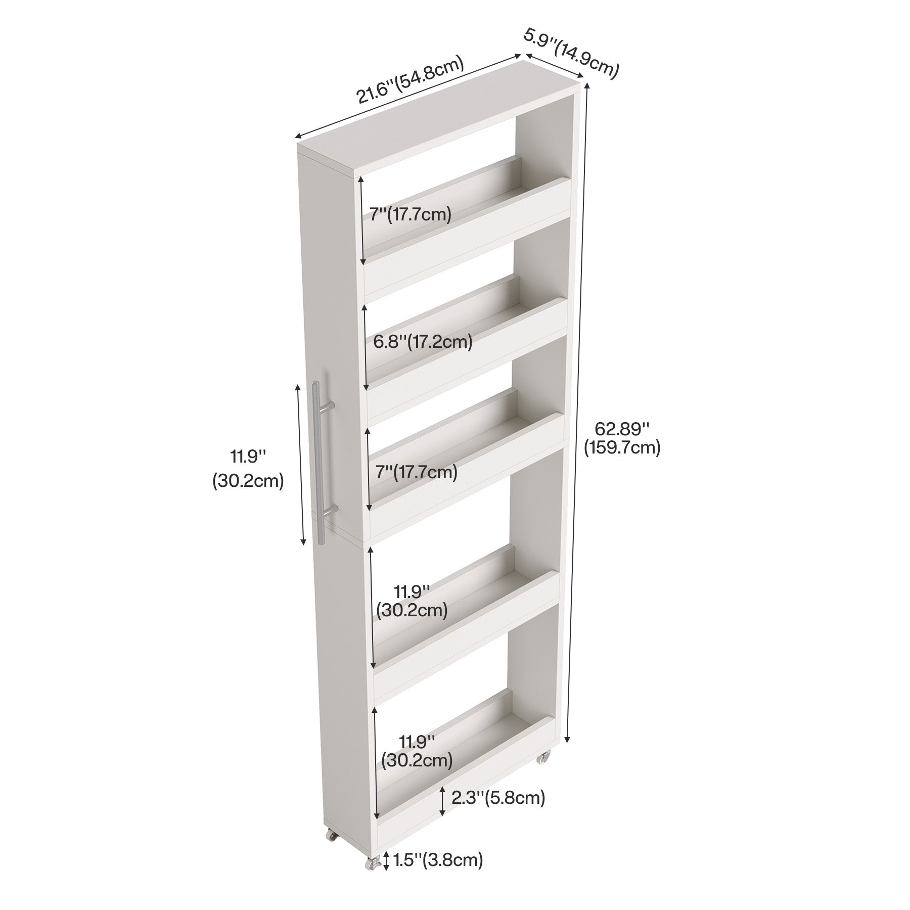 63" Utility Cart on Wheels, 5-Tier Narrow Mobile Shelf Organizer
