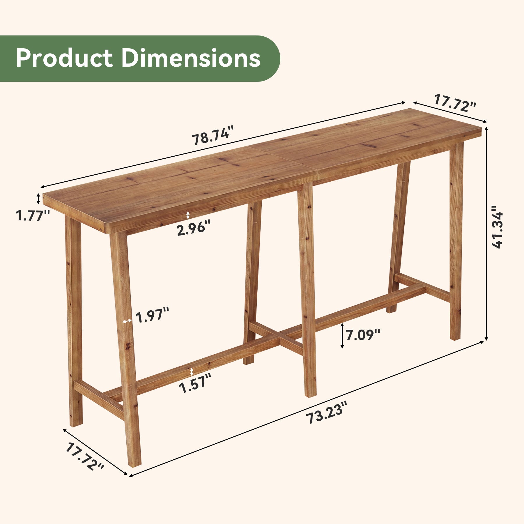 78.7" Solid Wood Bar Table, Rectangular Counter Height Pub Table for Dining, Kitchen