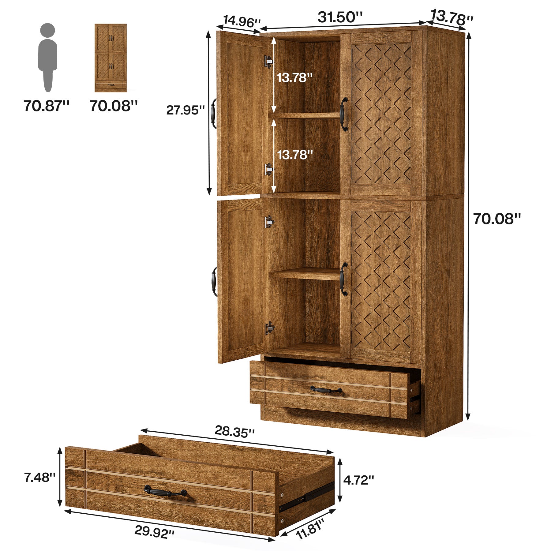 70" Bookshelf with Door, Freestanding Bookcase Cabinet with Storage Drawer