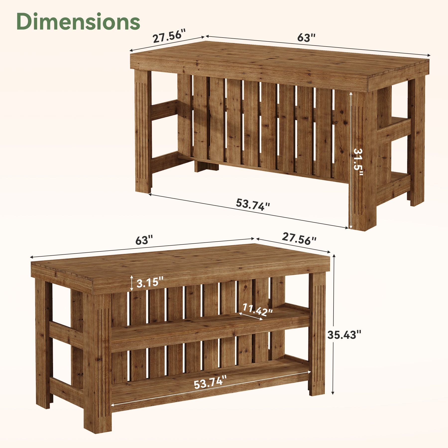 63" Solid Wood Kitchen Island, 3-Tier Farmhouse Stationary Island Table