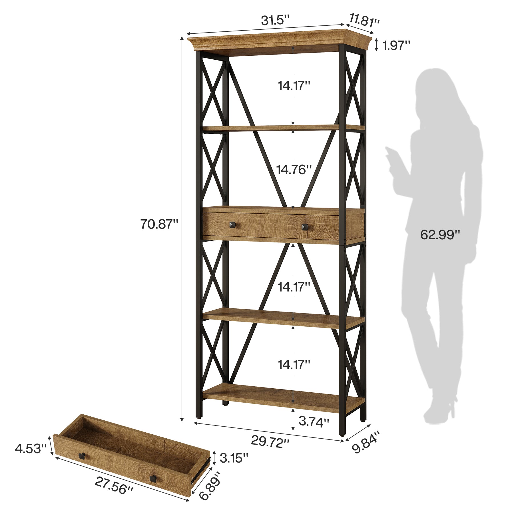 70.9" Bookshelf with Drawer, Industrial Bookcase with Open Shelf and Stable X Frame