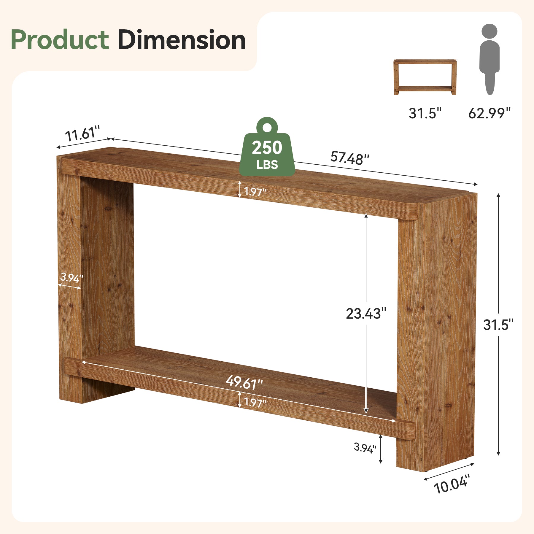 57" Solid Wood Console Table, Narrow Entryway Sofa Table with Shelf for Hallway