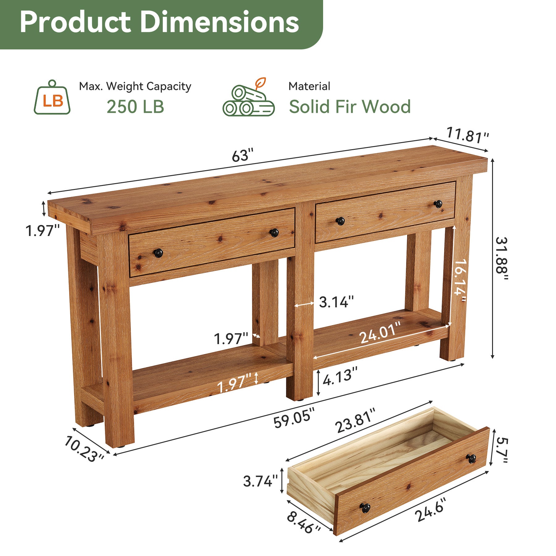 63" Console Table, Solid Wood Sofa Tables Behind Couch with 2 Drawers for Entryway