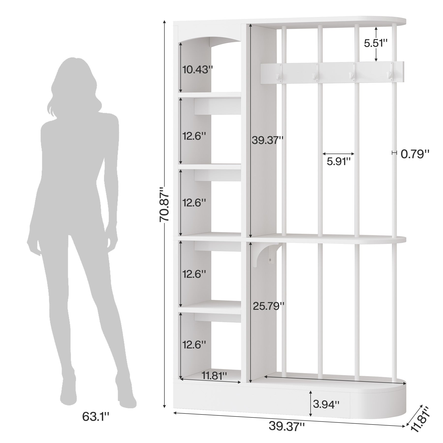 70.9" Wall Room Divider, Modern Wall Partition with Storage Shelves & 4 Hooks