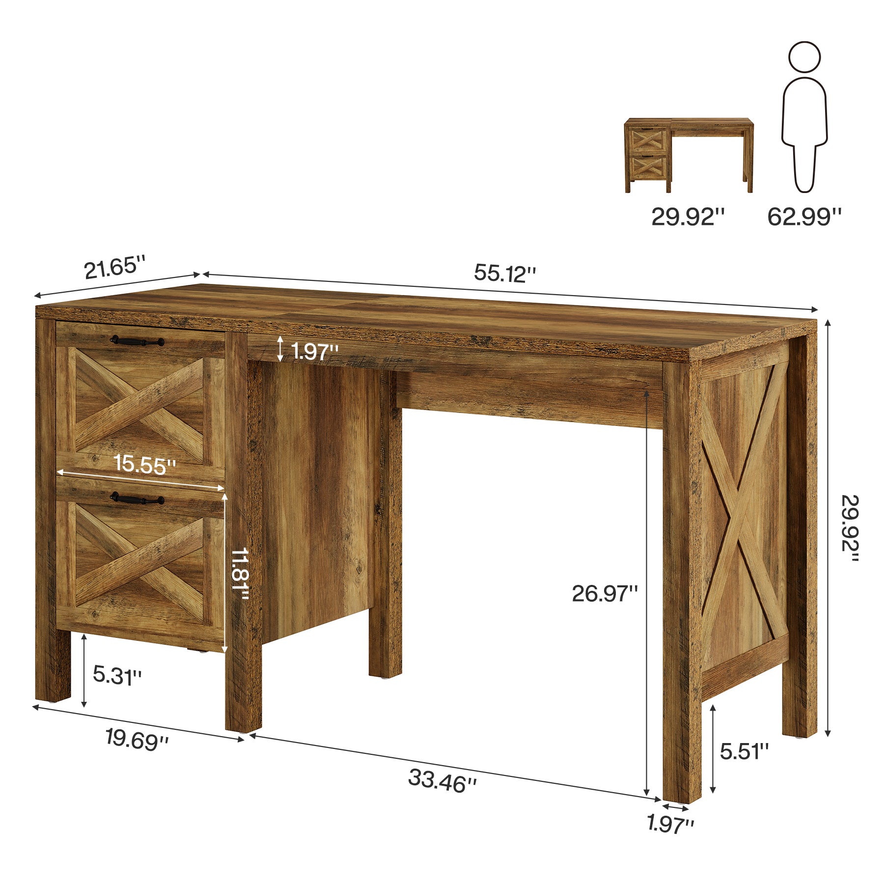 55.12" Computer Desk, Farmhouse Office Desk with 2 Drawers