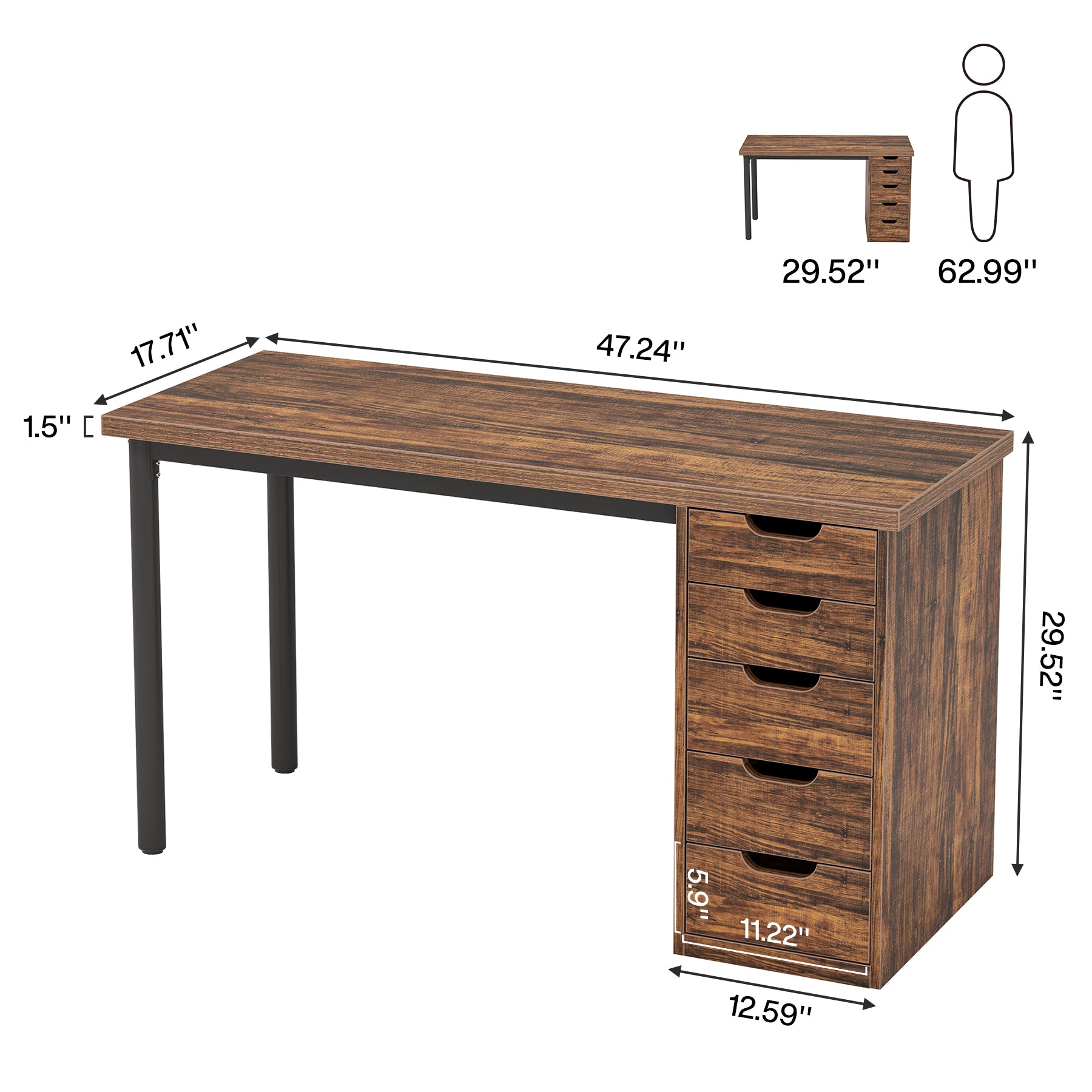 47" Computer Desk with 5 Drawers, Compact Storage Home Office Desk