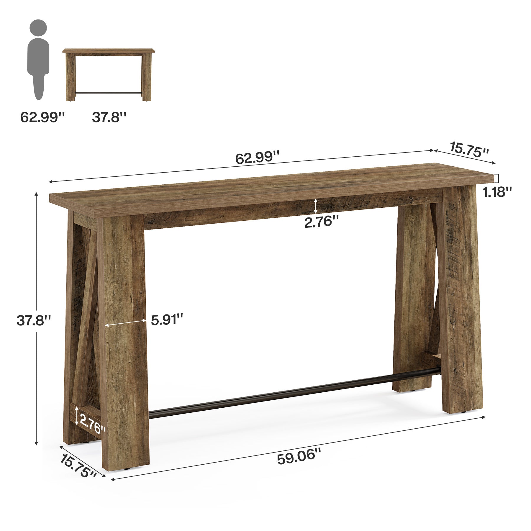 63" Bar Table, Rectangular Counter Height Pub Table with X-Frame Legs