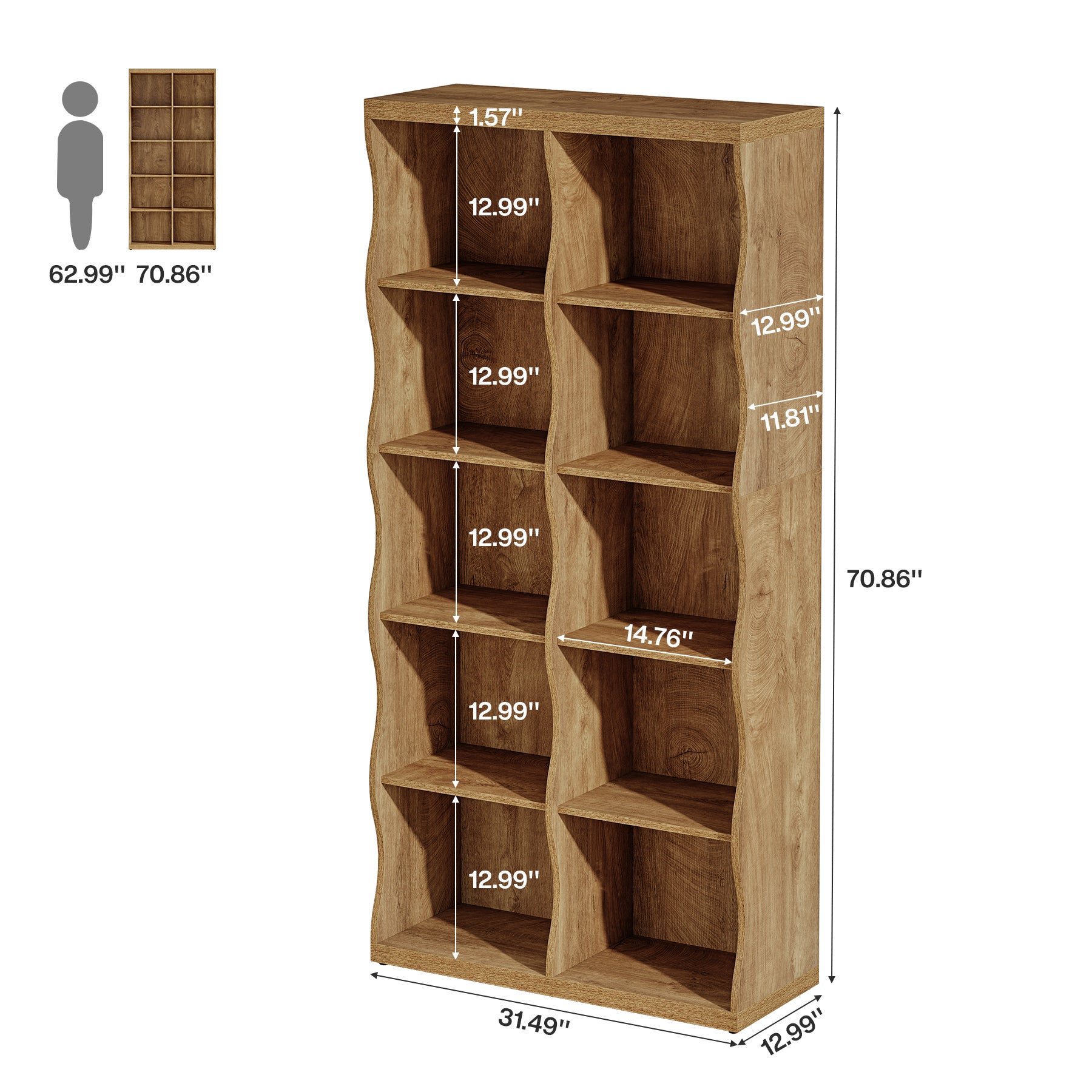70.86" Tall Bookcase, 5-Tier Floor Standing Bookshelf with 10 Cubes