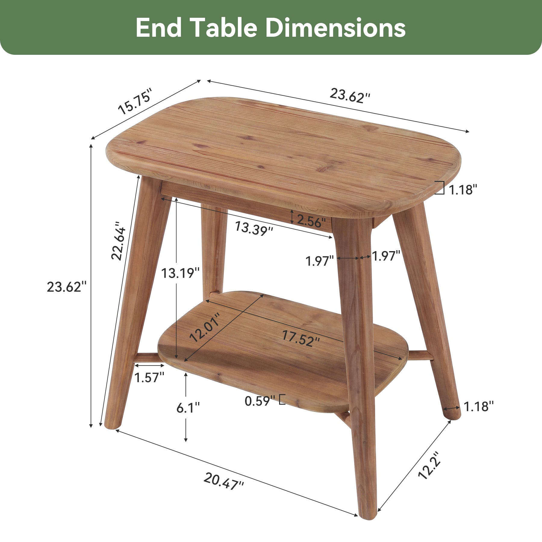 2-Tier Solid Wood End Table, Farmhouse Side Table with Rounded Corners for Small Spaces