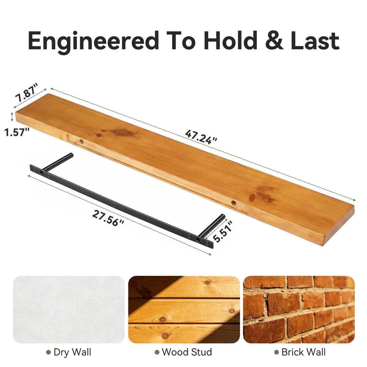 47.2" Floating Shelves for Wall Set of 3, Solid Wood Live Edge Wall Shelves