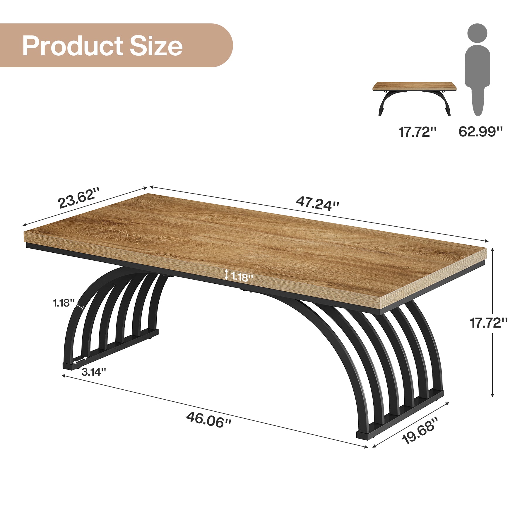 47" Coffee Table, Rectangular Center Tea Table with Metal Frame Legs