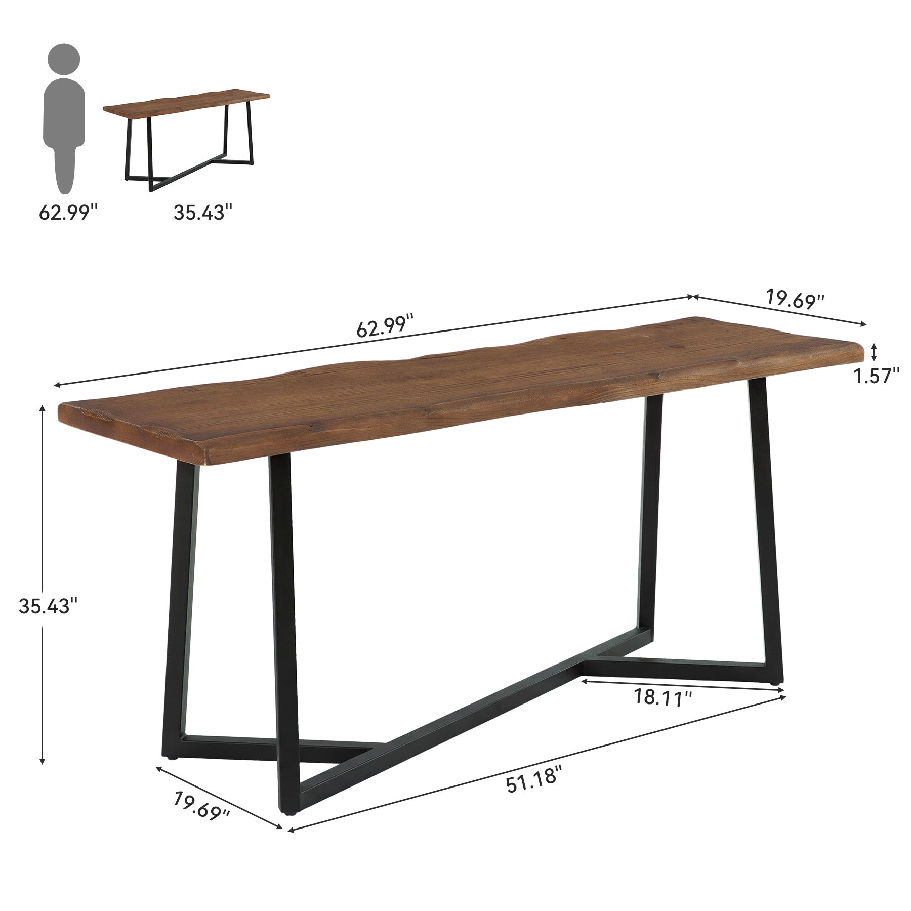 Solid Wood Bar Table, 63" Counter Height Pub Table with Sturdy Metal Frame