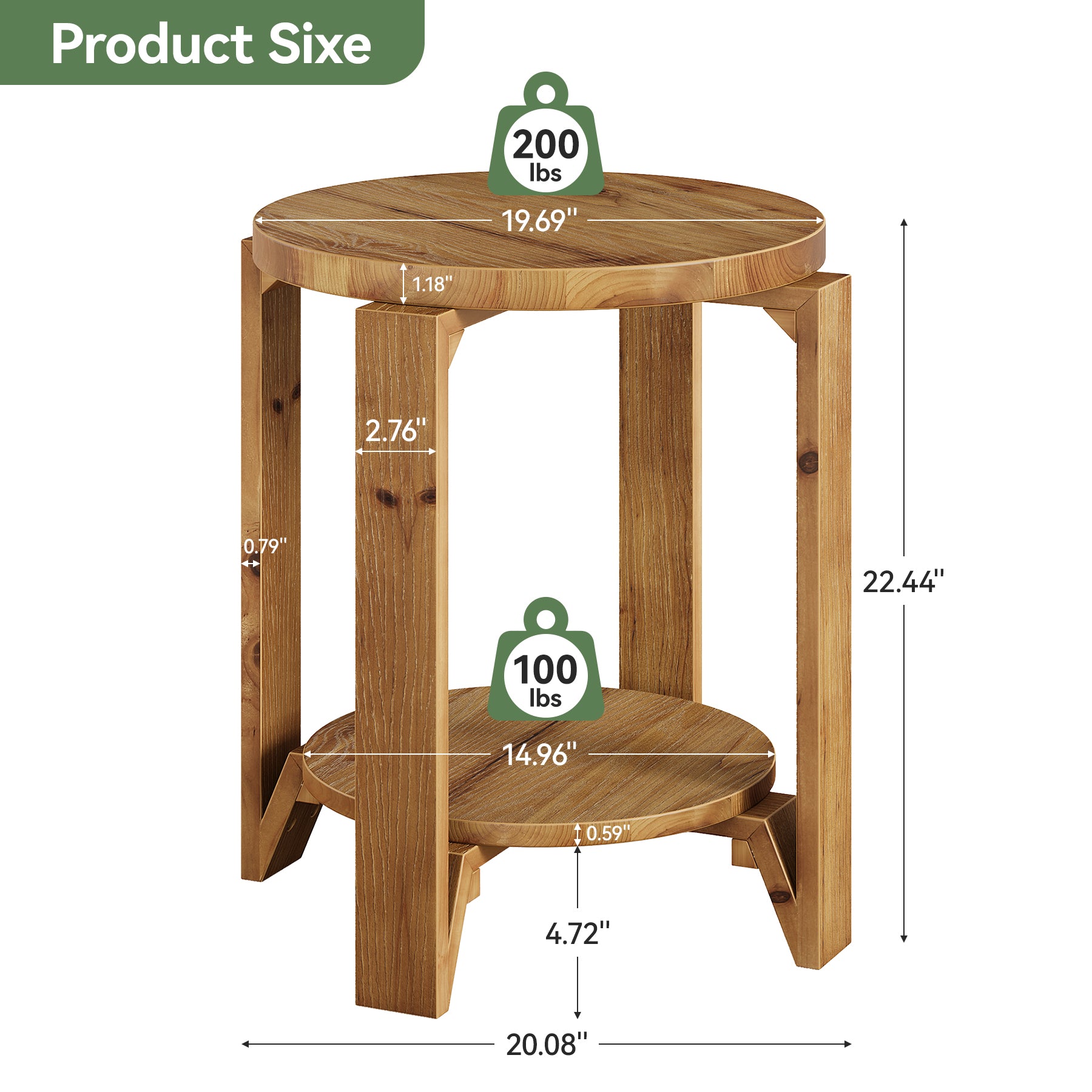 Solid Wood End Table, 2-Tier Round Sofa Side Table Nightstand with Storage