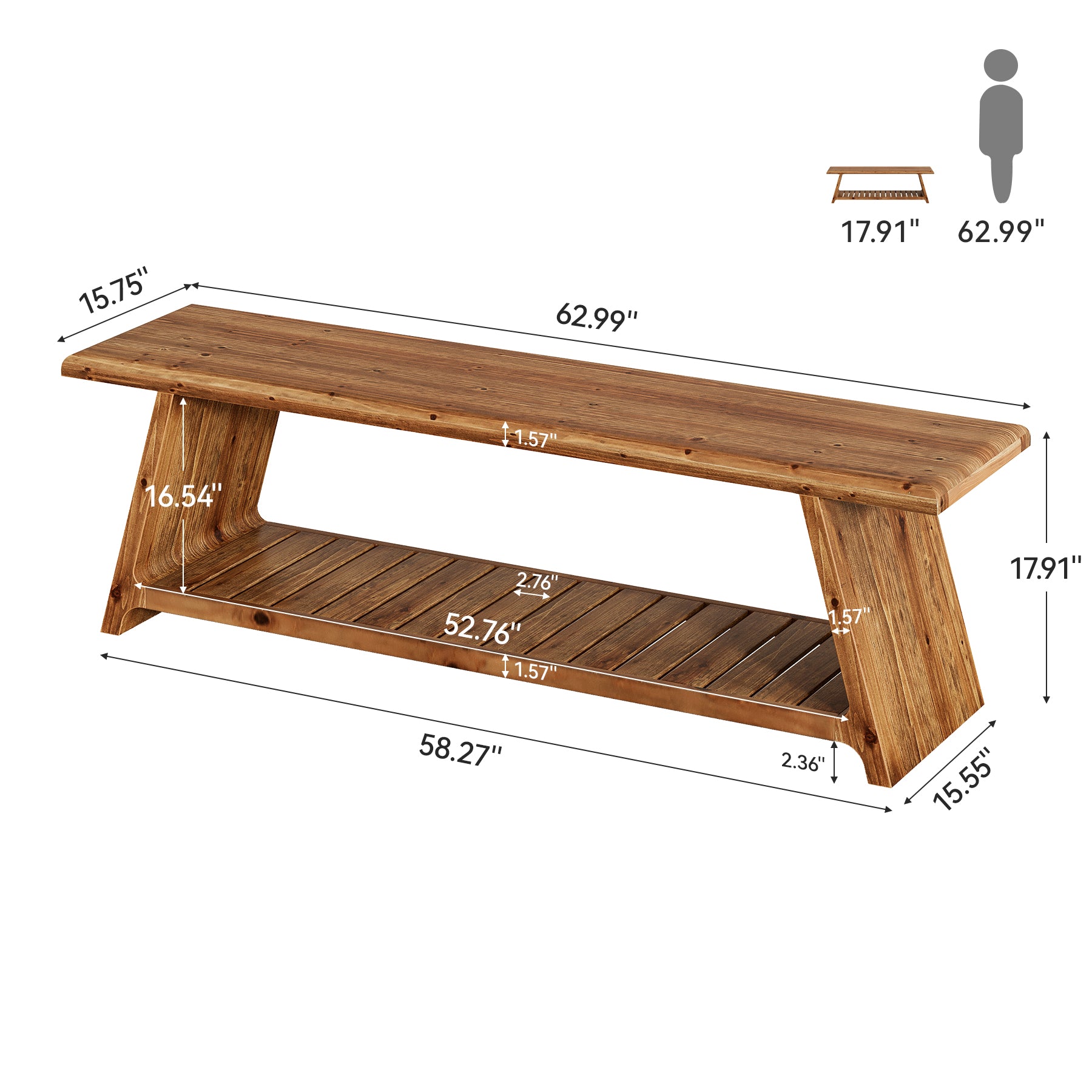 63" Solid Wood Entryway Bench, Narrow Shoe Bench Seat with Storage