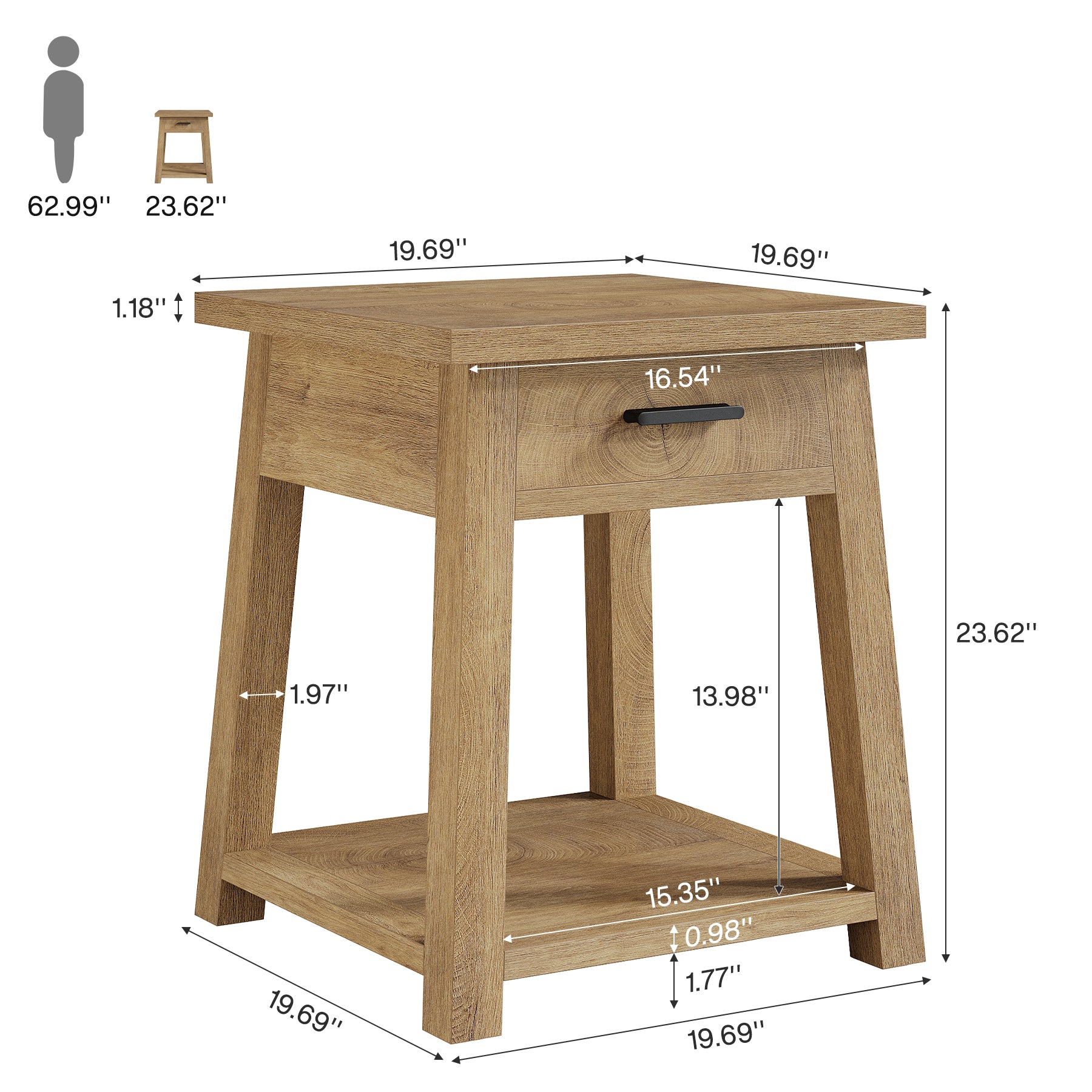 End Table with Drawer, 2 -Tier Wooden Side Table with Shelf Storage