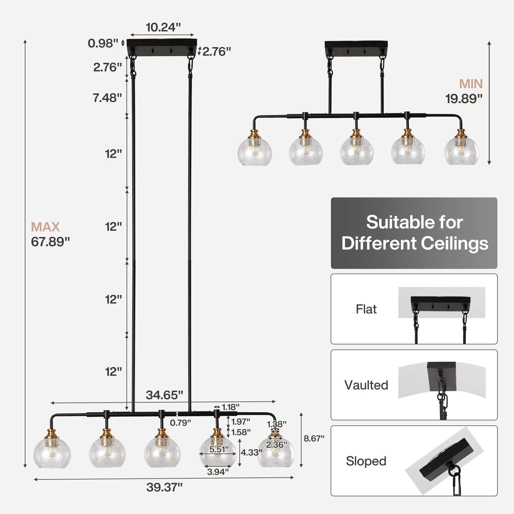 5-Light Pendant Lights, Kitchen Island Chandelier with Clear Crackle Glass Shades & Adjustable Height