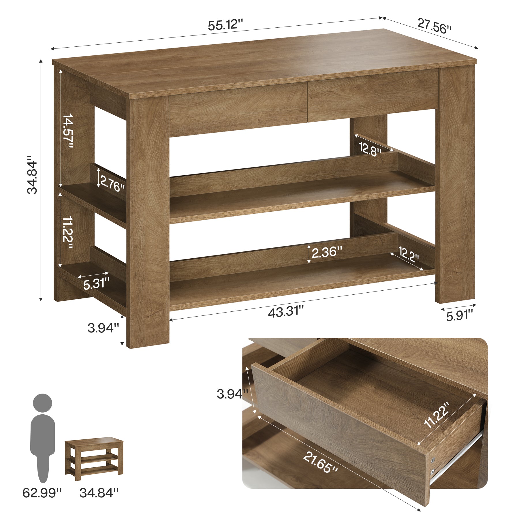 55" Farmhouse Kitchen Island with 2 Drawers & Open Storage Shelves, Stationary Kitchen Island Table