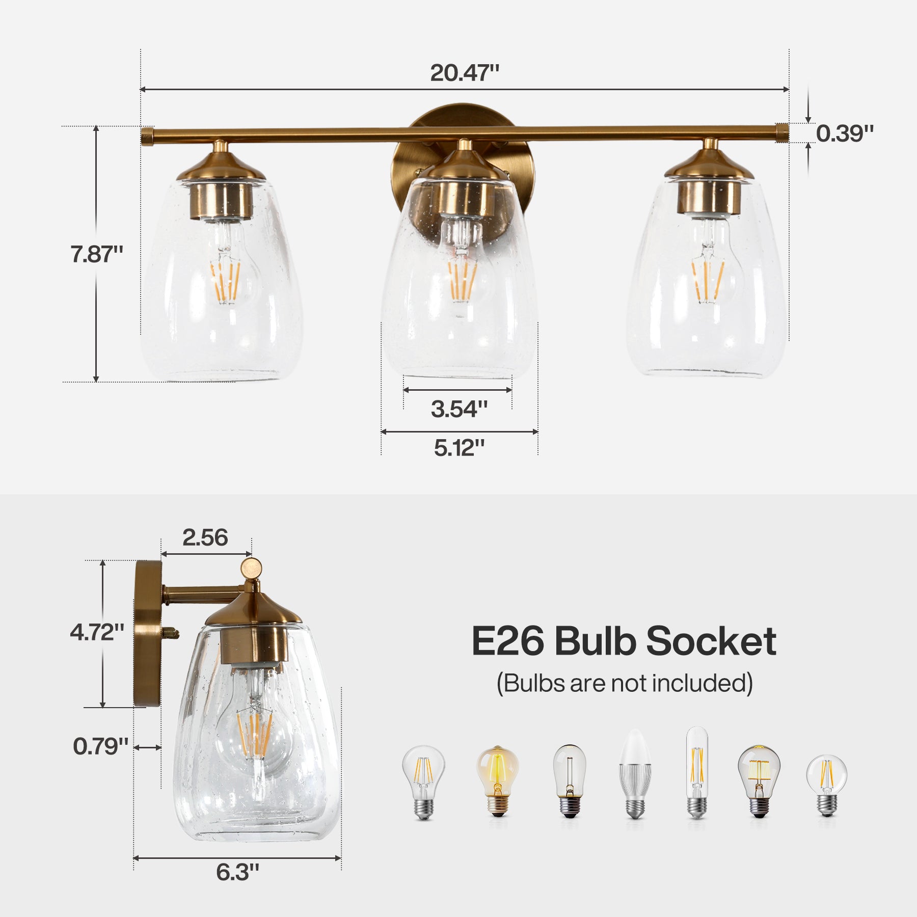 3-Light Vanity Light, Bathroom Wall Light Fixtures with Transparent Bubble Glass Shade